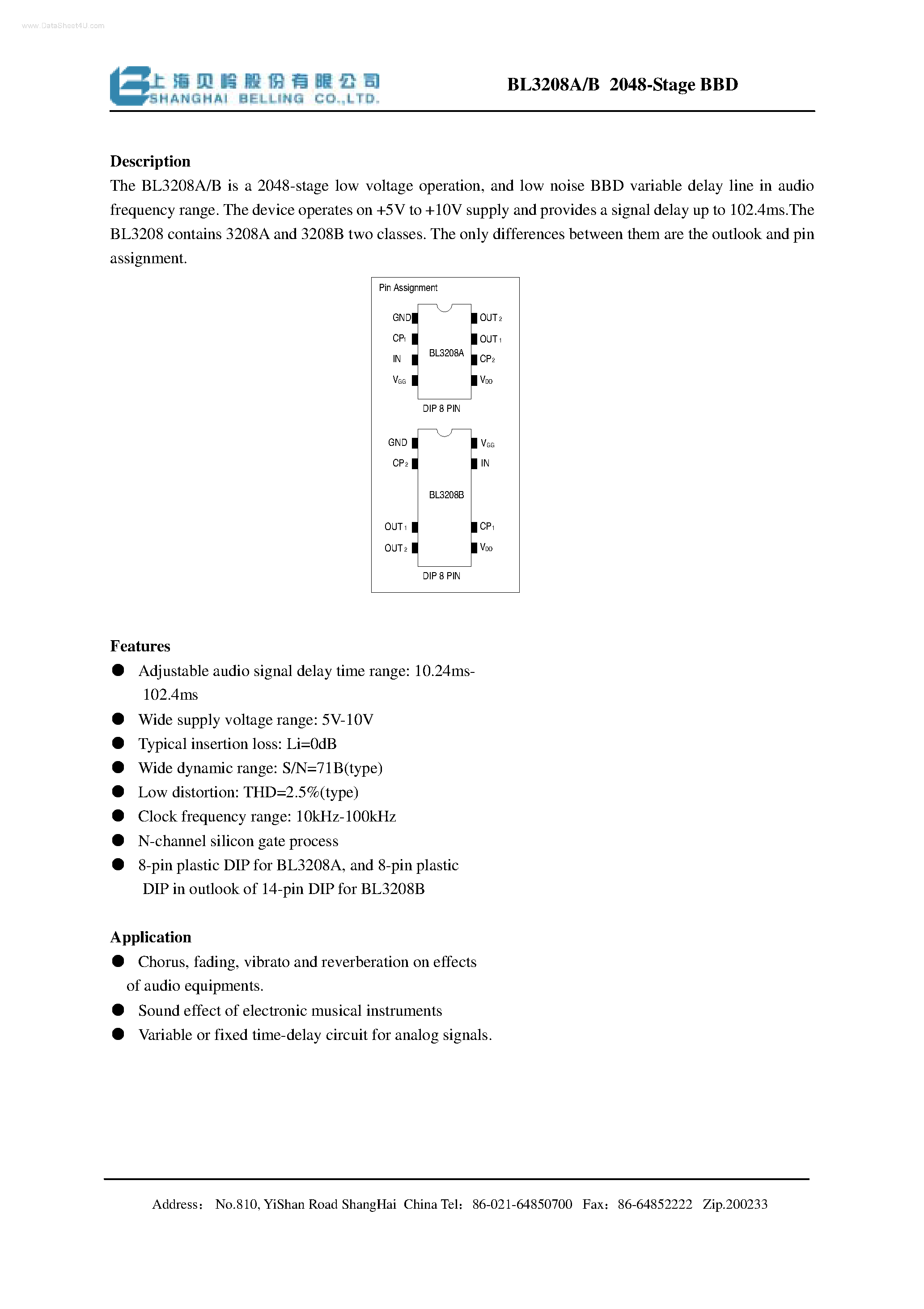 Datasheet BL3208A - 024-stage low voltage operation and low noise BBD variable delay line page 1