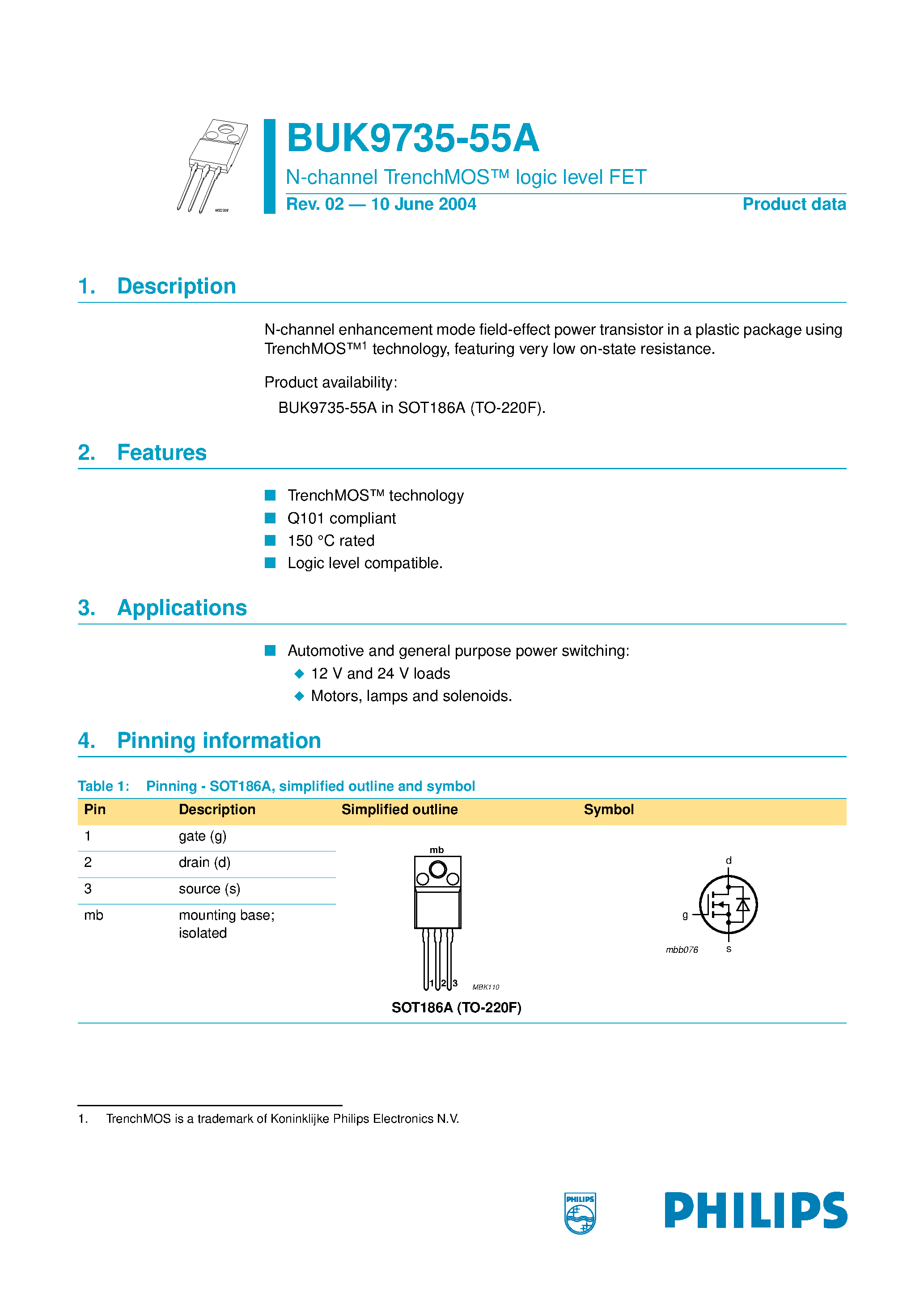 Datasheet BUK9735-55A - N-channel TrenchMOS logic level FET page 1