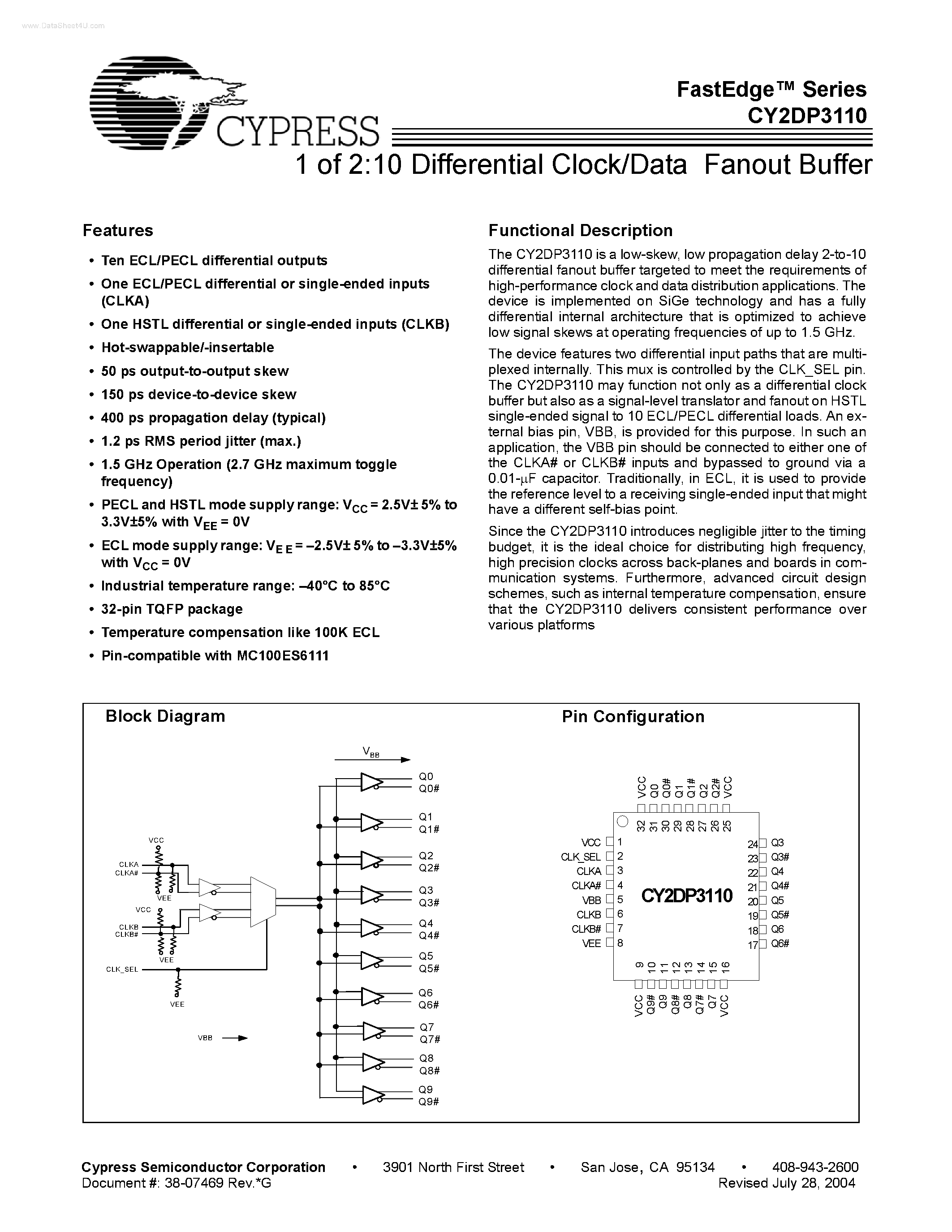 Datasheet CY2DP3110 - Differential Clock/Data Fanout Buffer page 1