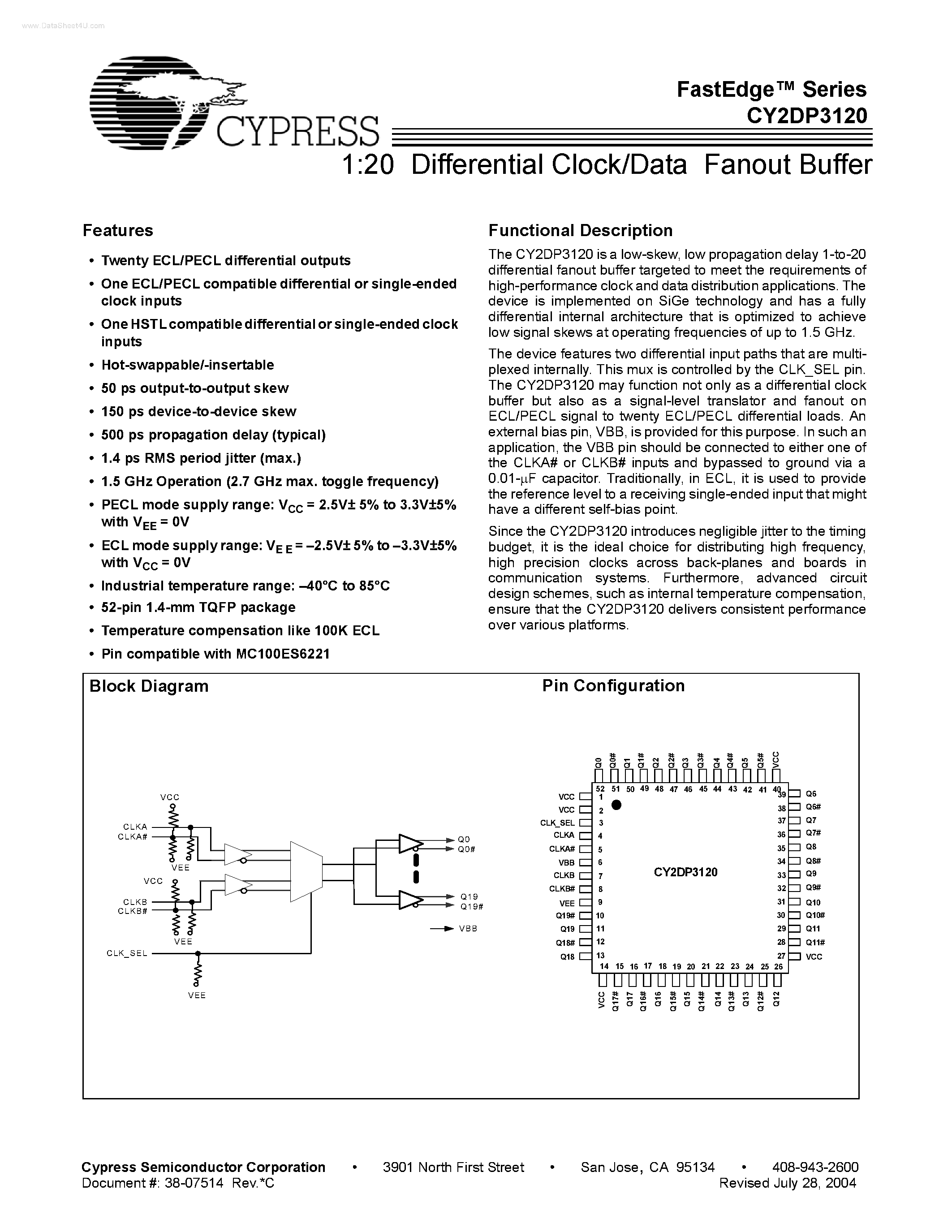Datasheet CY2DP3120 - Differential Clock/Data Fanout Buffer page 1