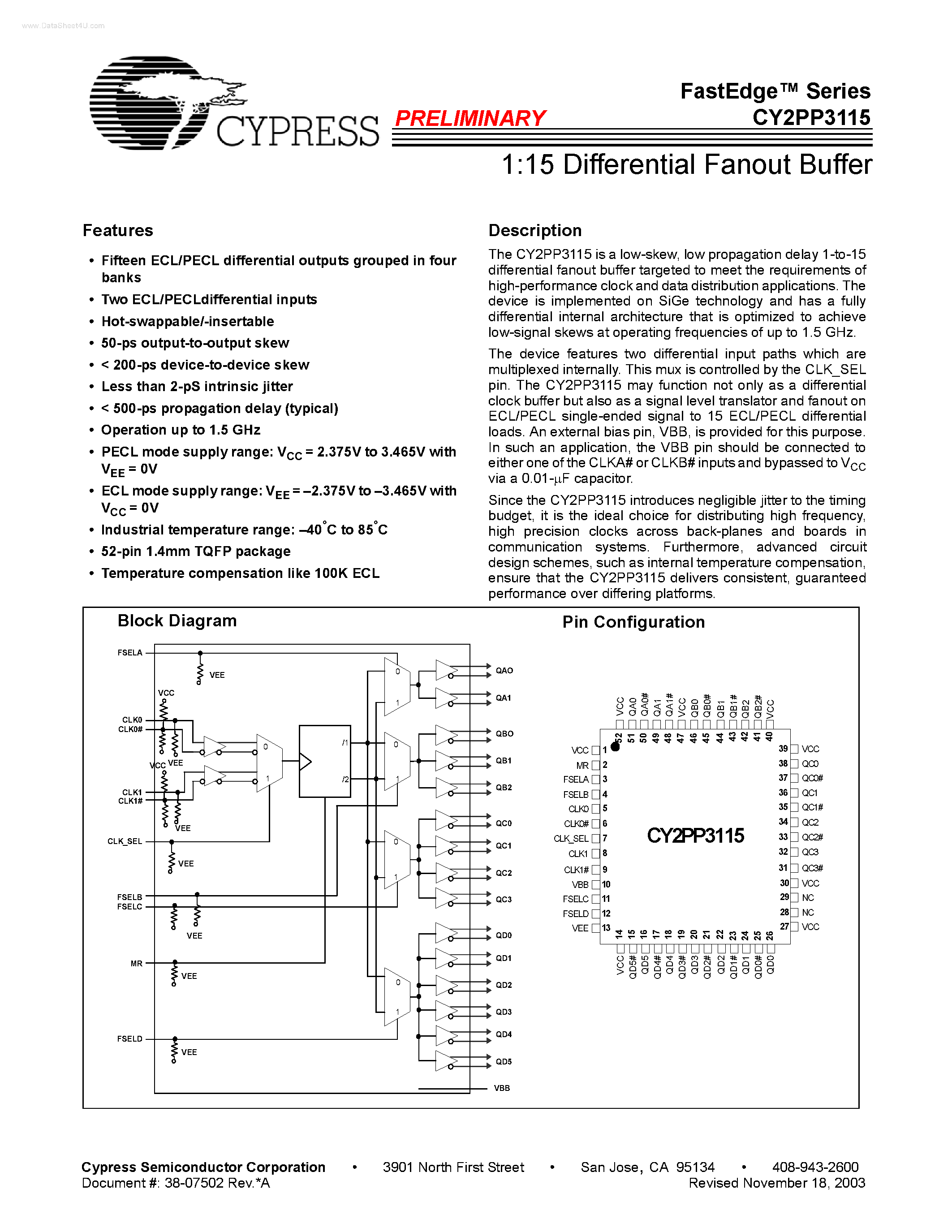 Datasheet CY2PP3115 - Differential Fanout Buffer page 1