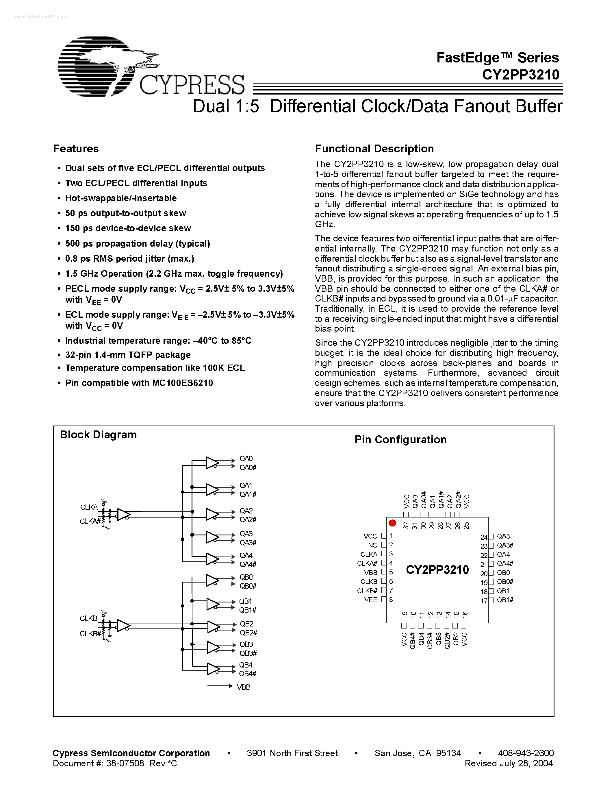 Datasheet CY2PP3210 - Dual 1:5 Differential Clock / Data Fanout Buffer page 1