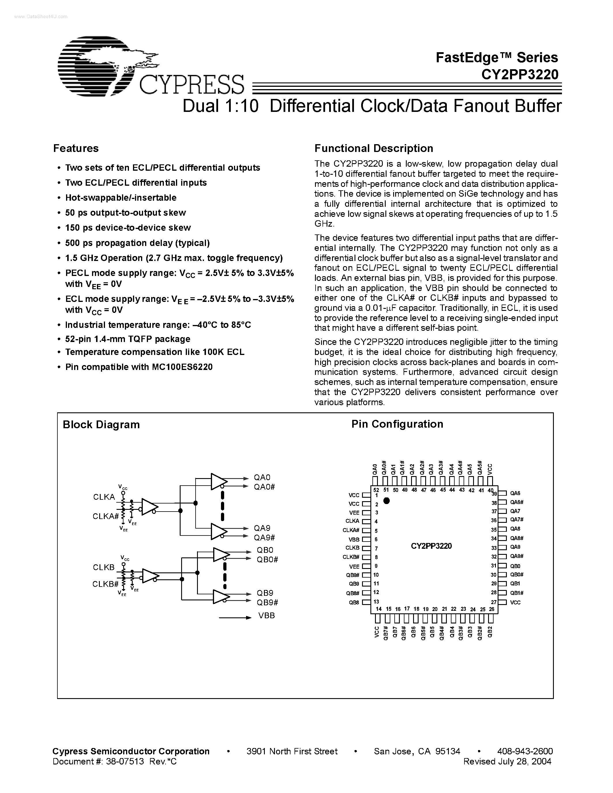 Datasheet CY2PP3220 - Dual 1:10 Differential Clock / Data Fanout Buffer page 1