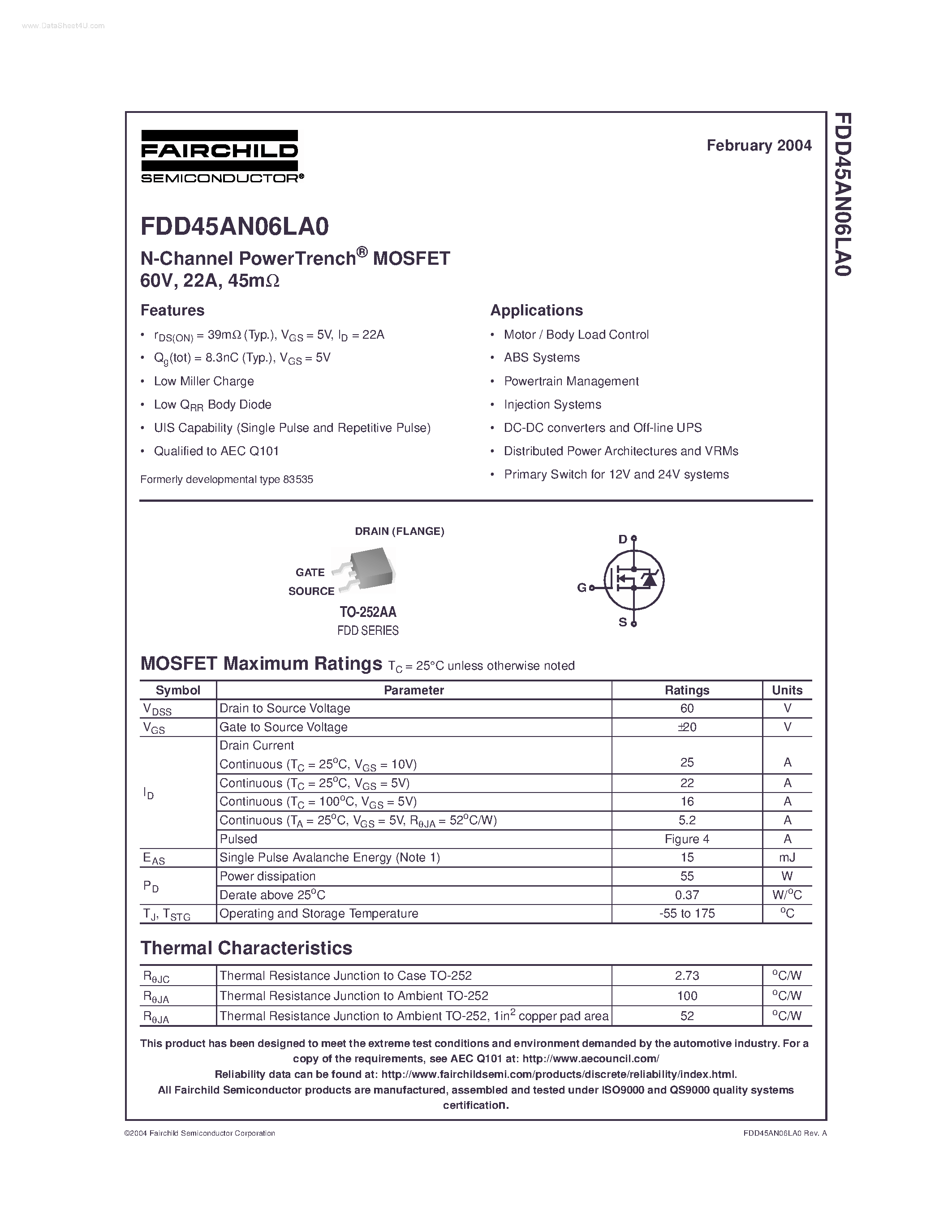 Datasheet FDD45AN06LA0 - N-Channel PowerTrench MOSFET page 1
