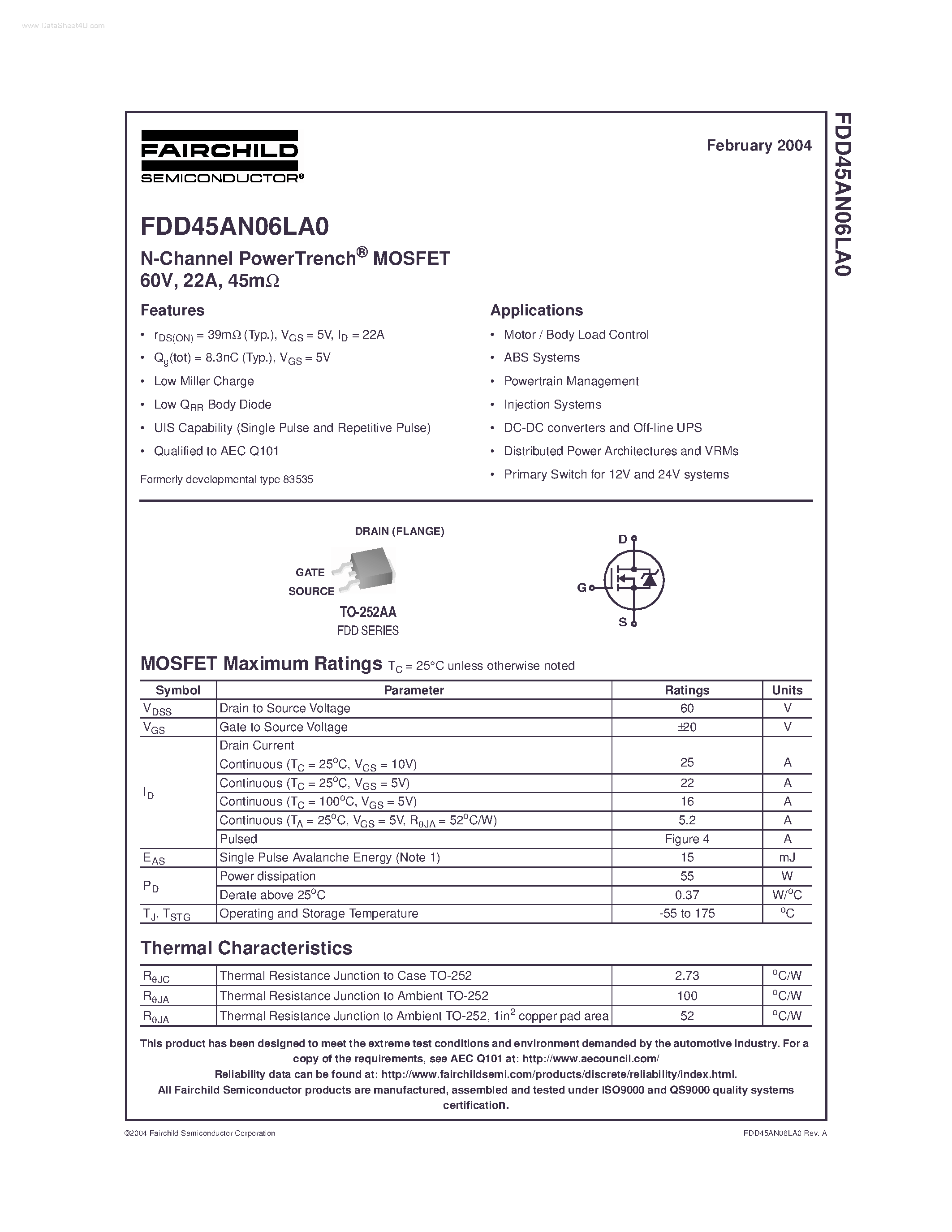 Даташит FDD45AN06LA0 - N-Channel PowerTrench MOSFET страница 1