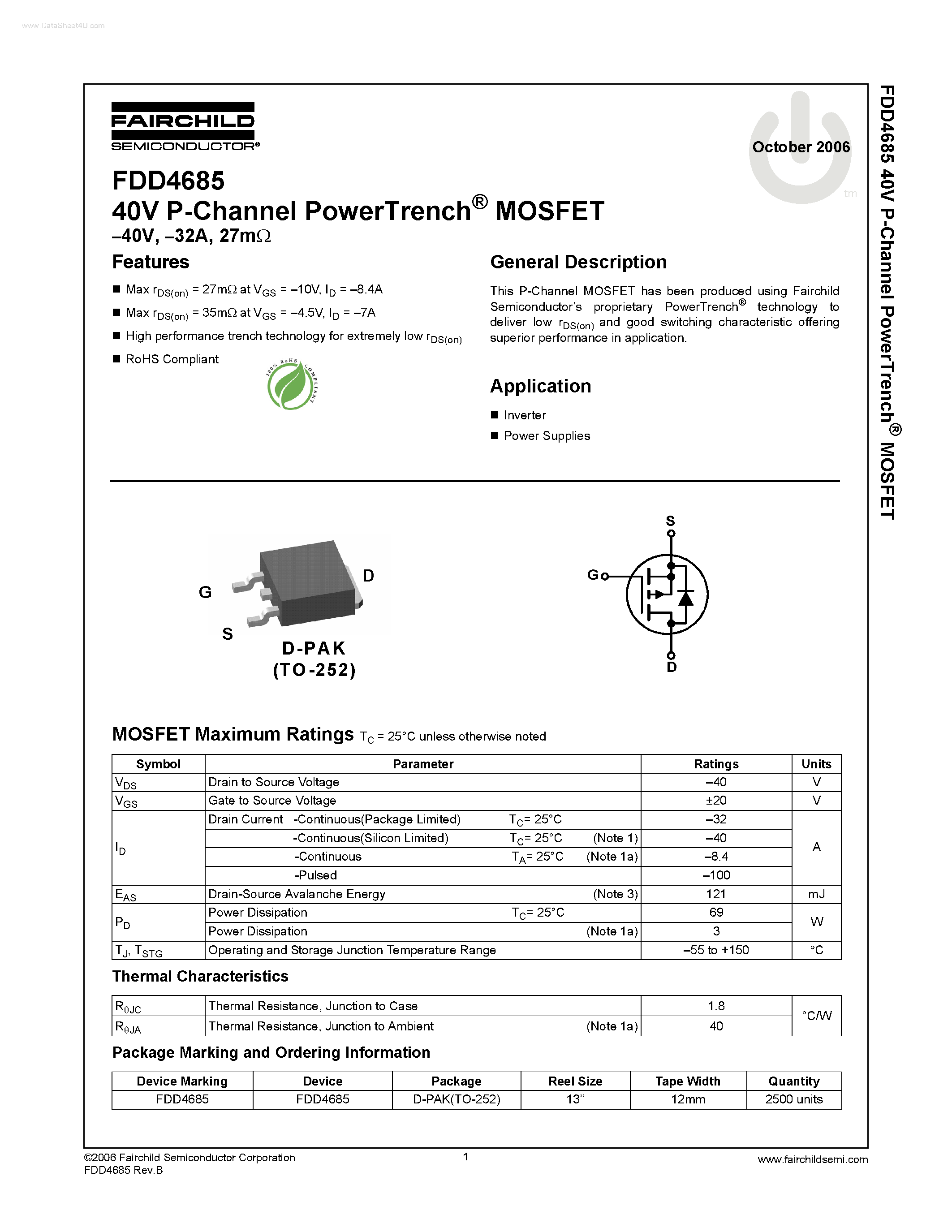 Даташит FDD4685 - P-Channel PowerTrench MOSFET страница 1