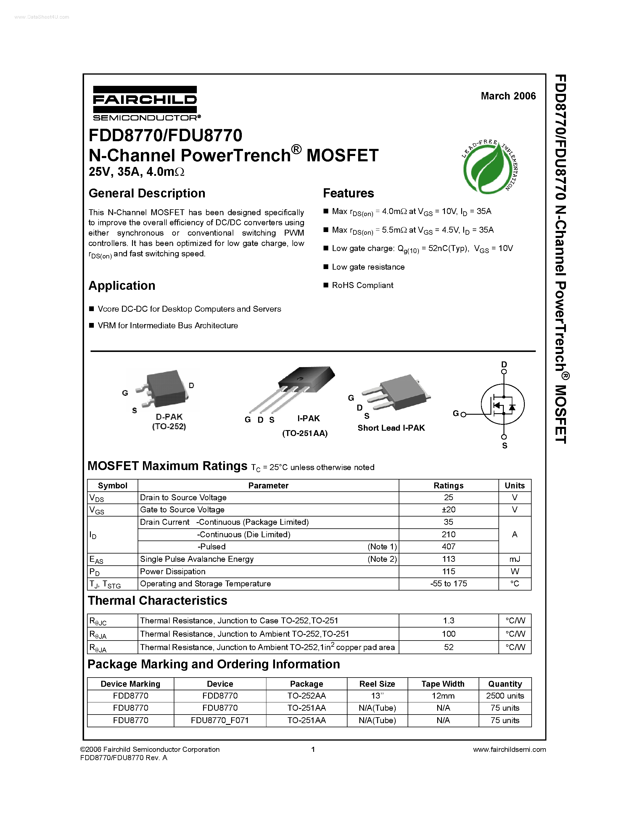 Даташит FDD8770 - N-Channel PowerTrench MOSFET страница 1