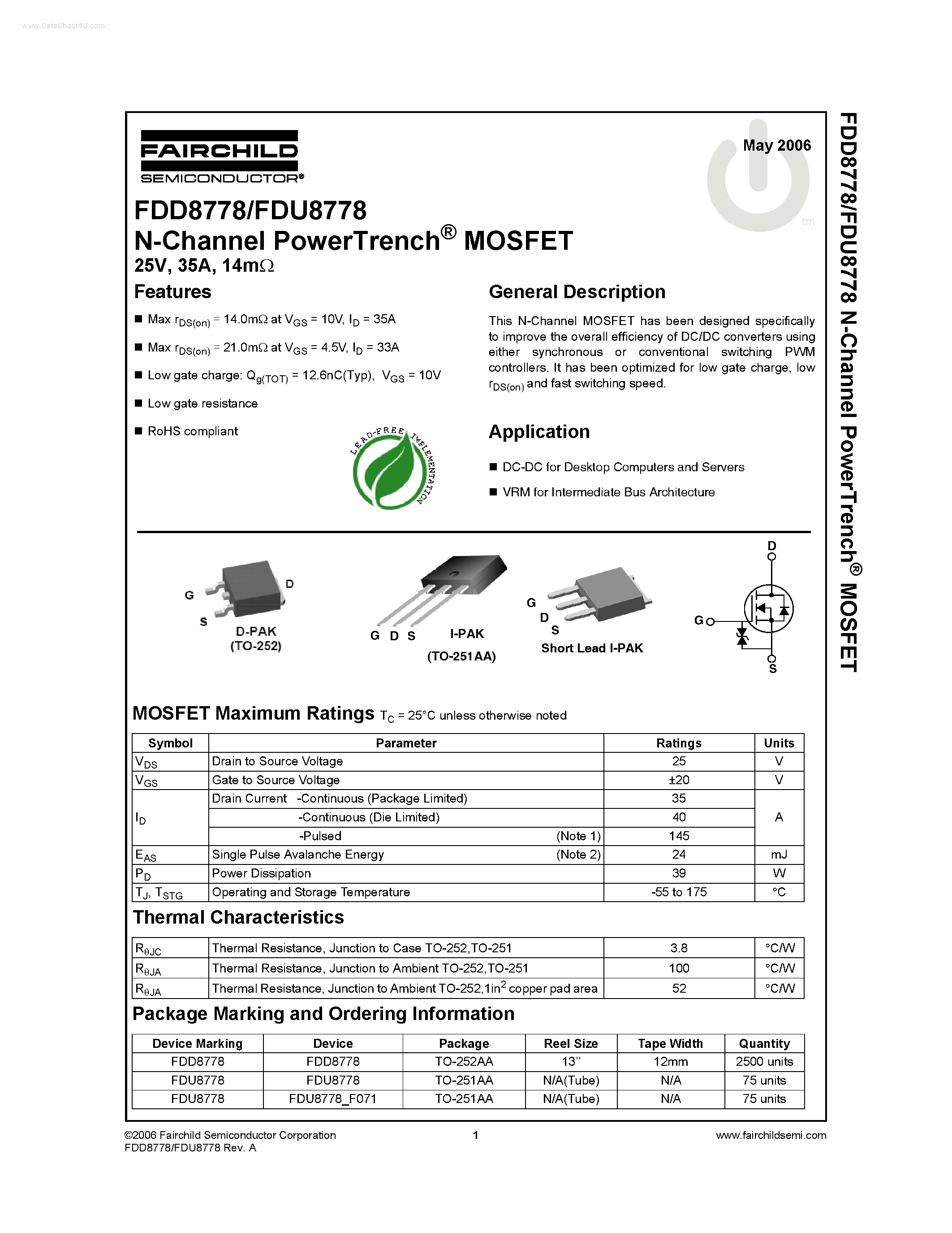 Datasheet FDU8778 - N-Channel PowerTrench MOSFET page 1