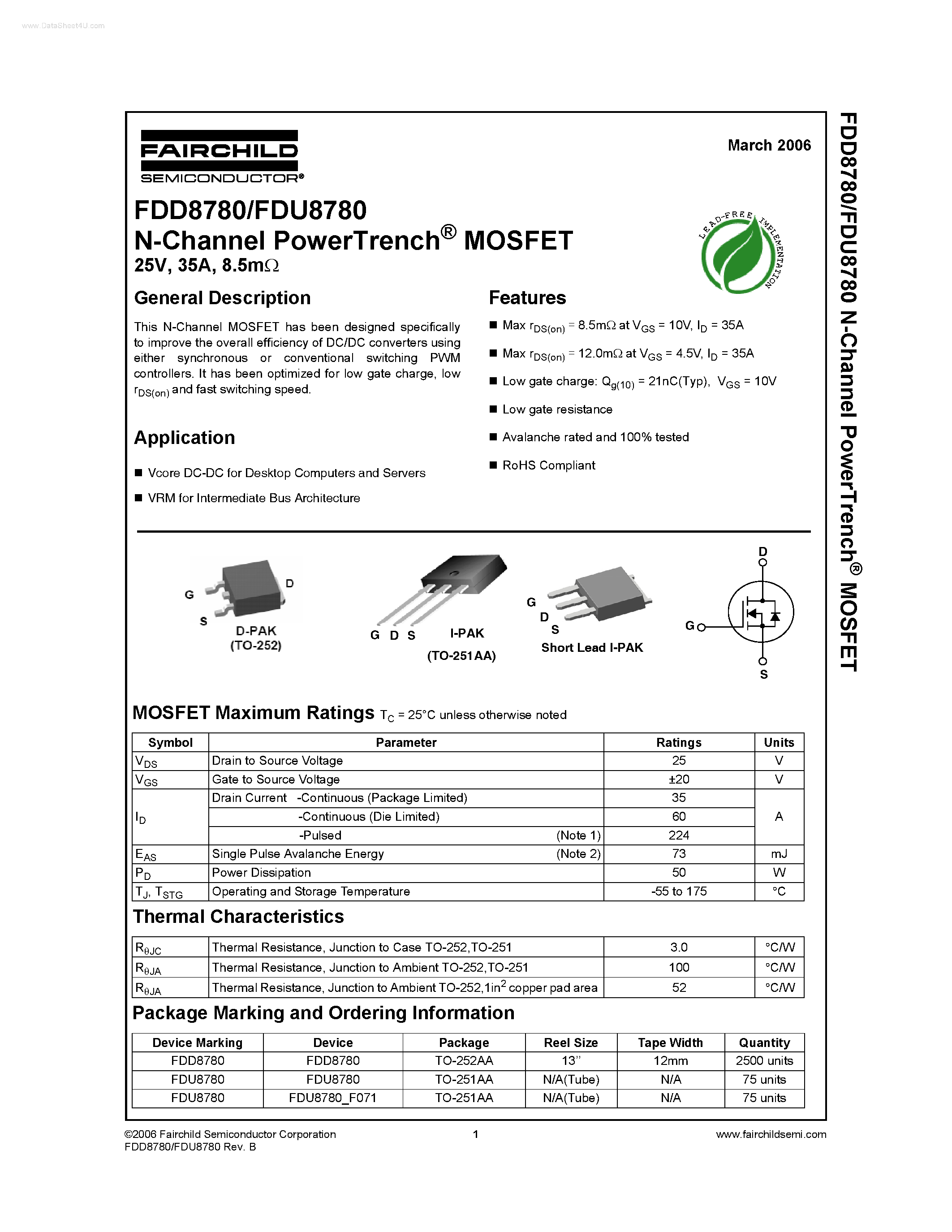 Datasheet FDU8780 - N-Channel PowerTrench MOSFET page 1