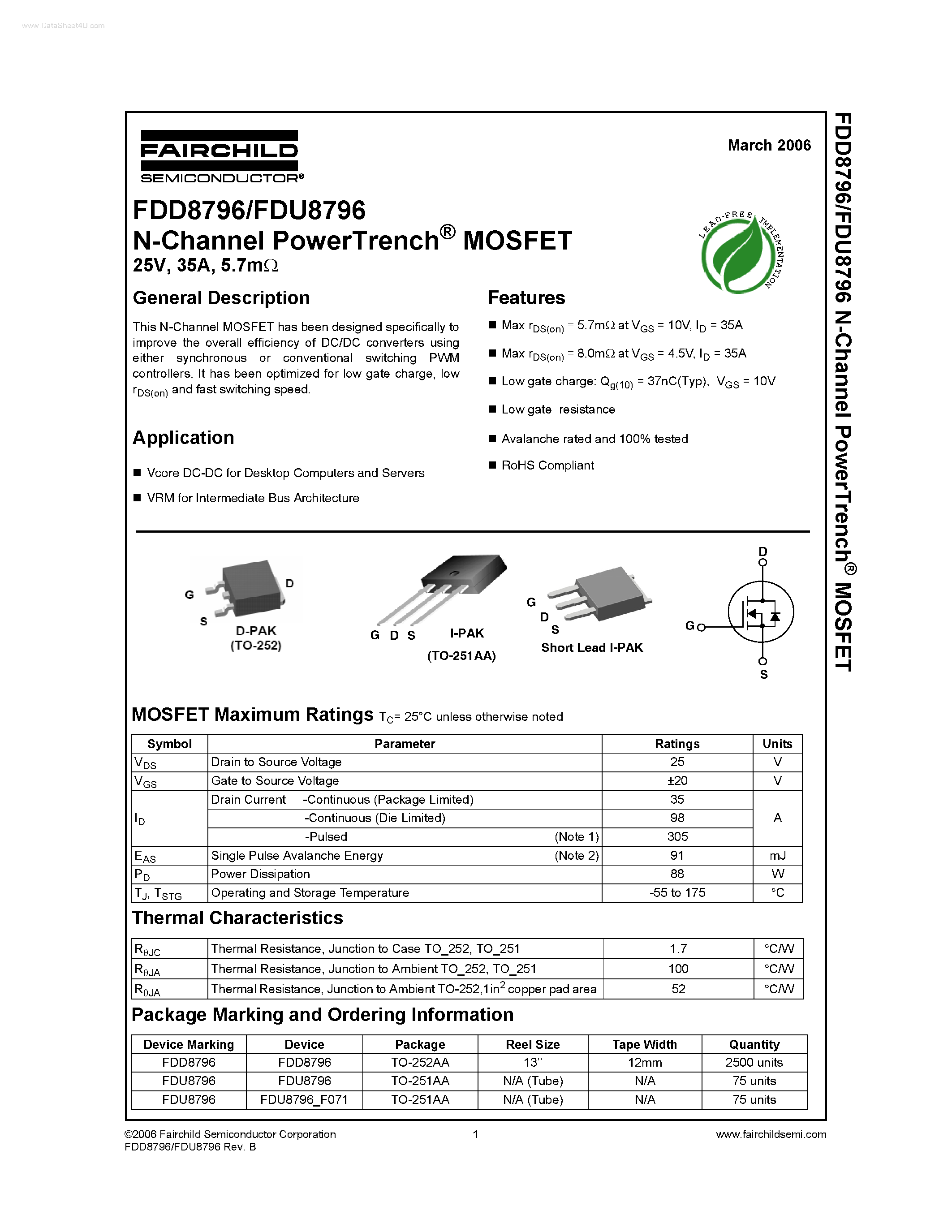 Datasheet FDU8796 - N-Channel PowerTrench MOSFET page 1