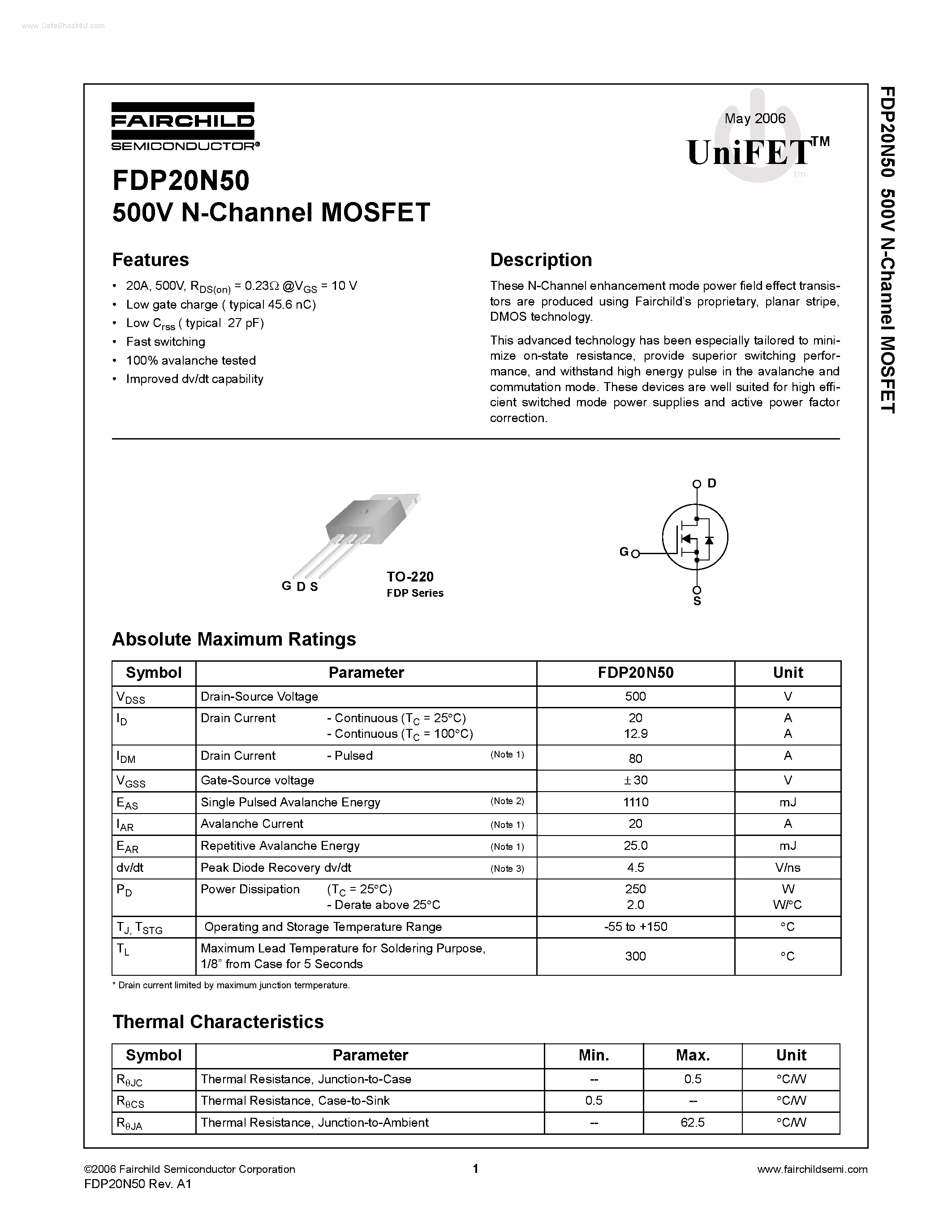 Datasheet FDP20N50 - N-Channel MOSFET page 1