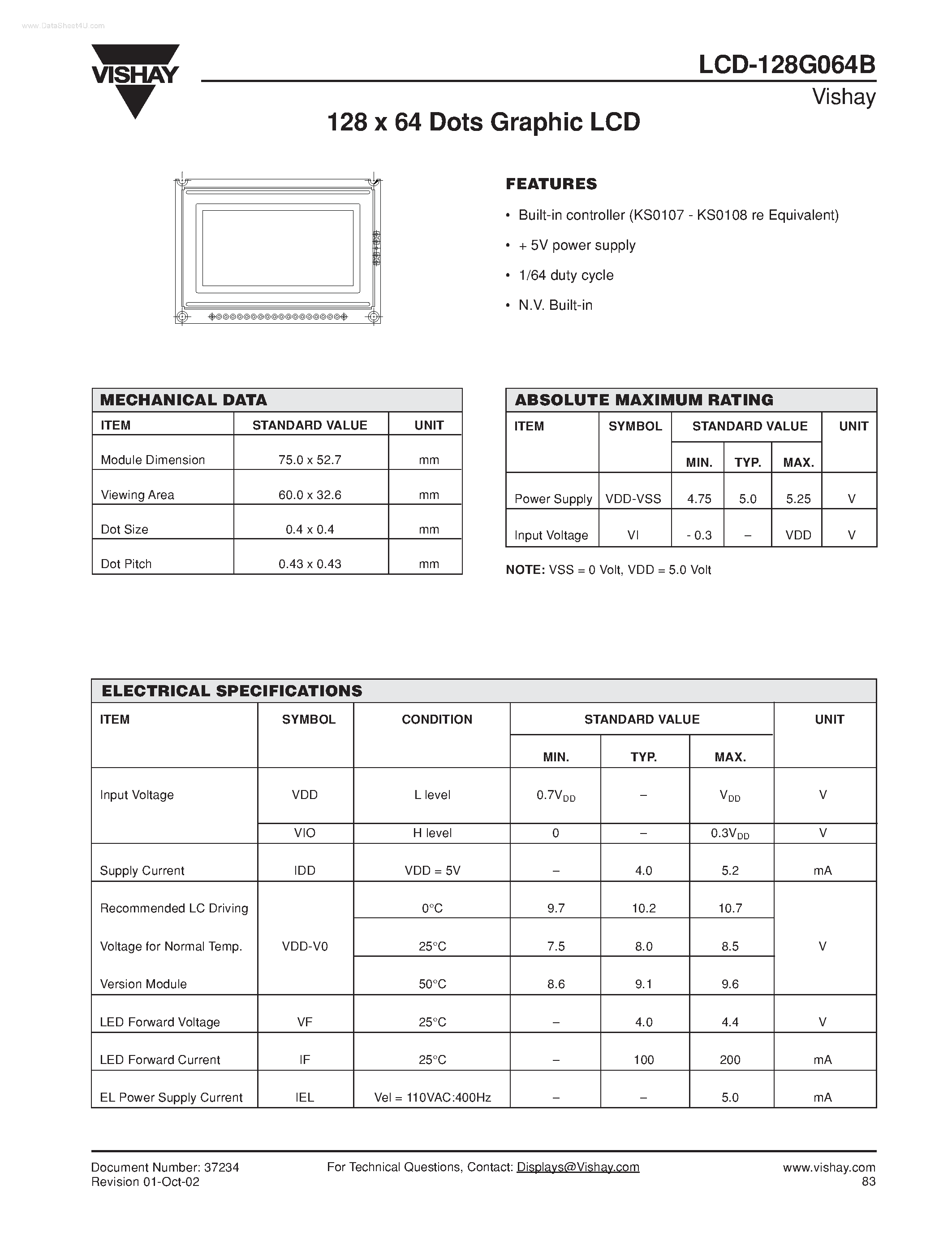 Даташит LCD-128G064B - 128 x 64 Dots Graphic LCD страница 1