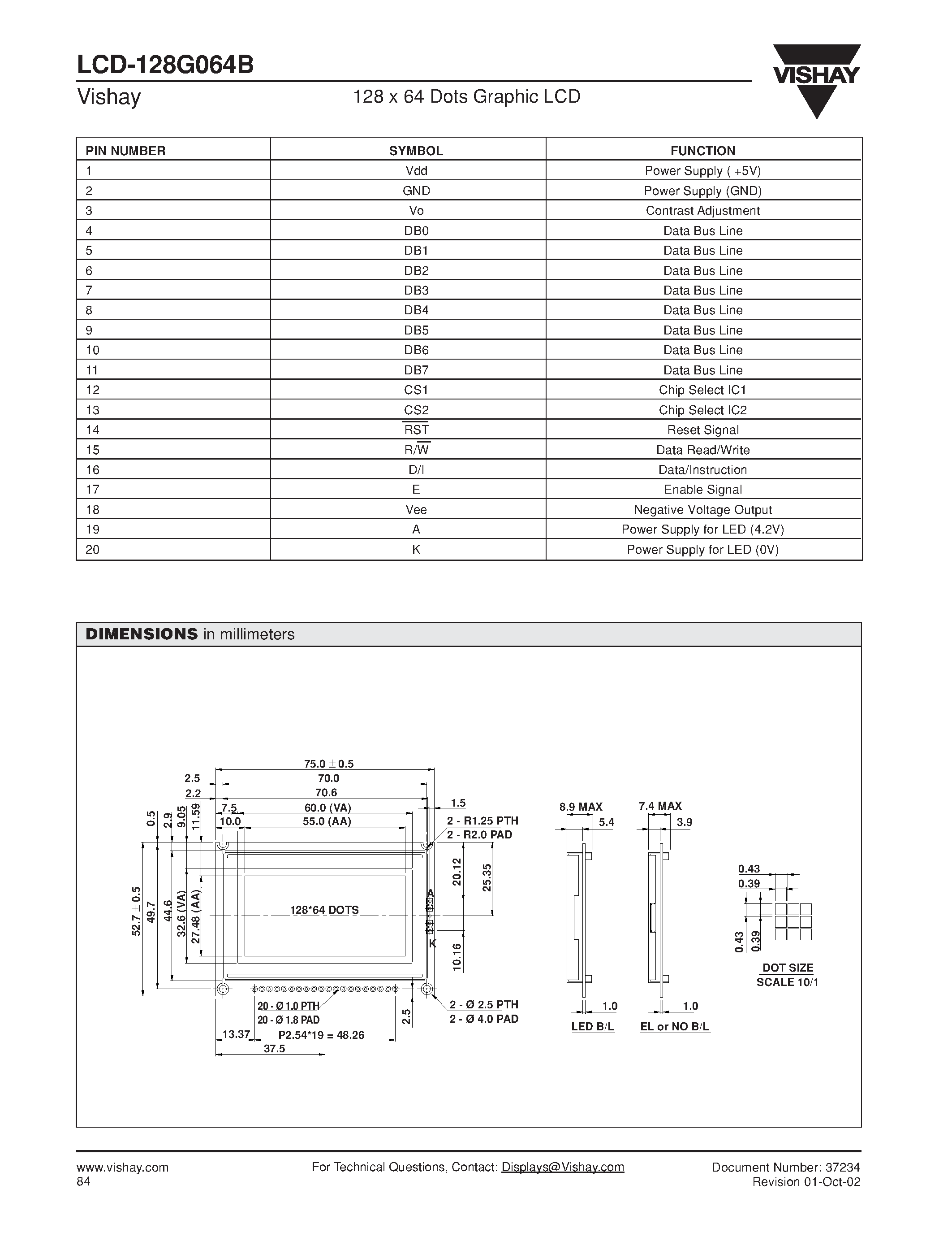 Даташит LCD-128G064B - 128 x 64 Dots Graphic LCD страница 2