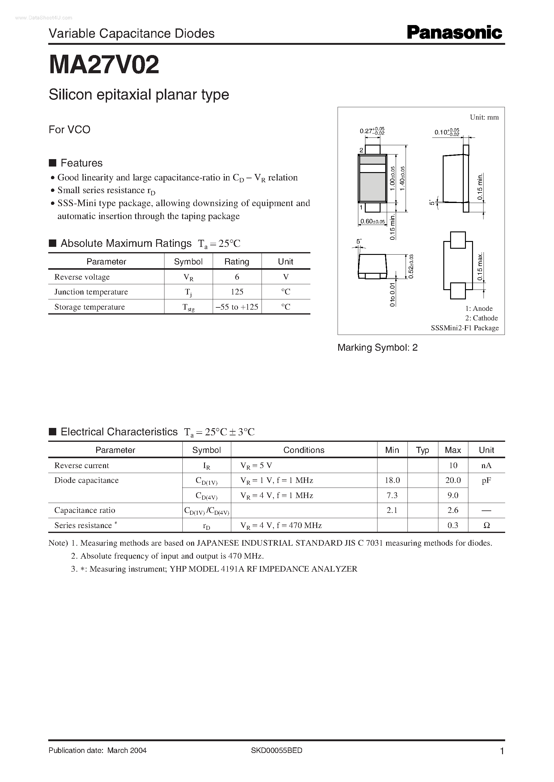 Даташит на микросхему MA27V02 страница 1 Даташит MA27V02 - Variable Capacitance Diodes страница 1