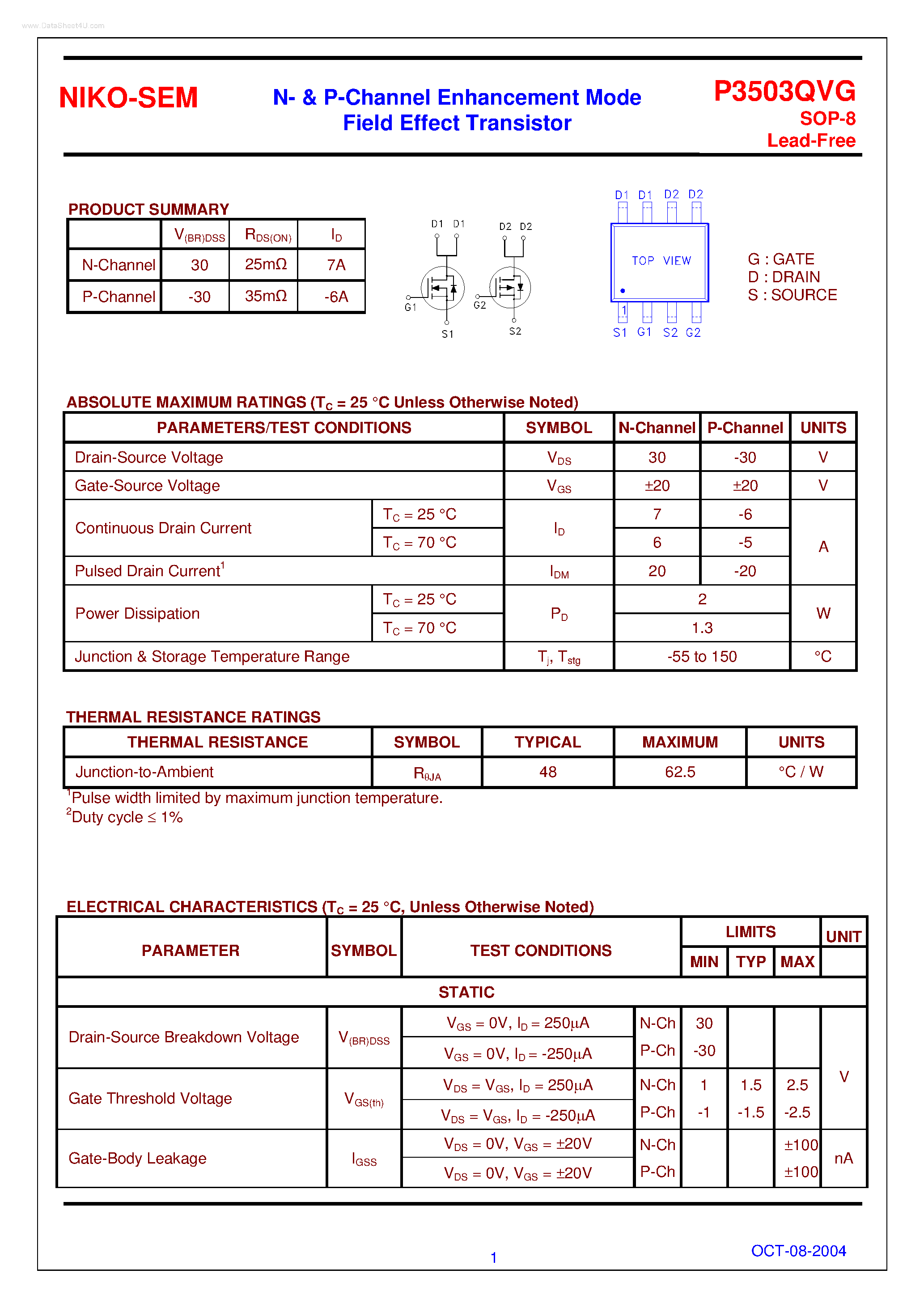Datasheet P3503QVG - N- & P-Channel Enhancement Mode Field Effect Transistor page 1