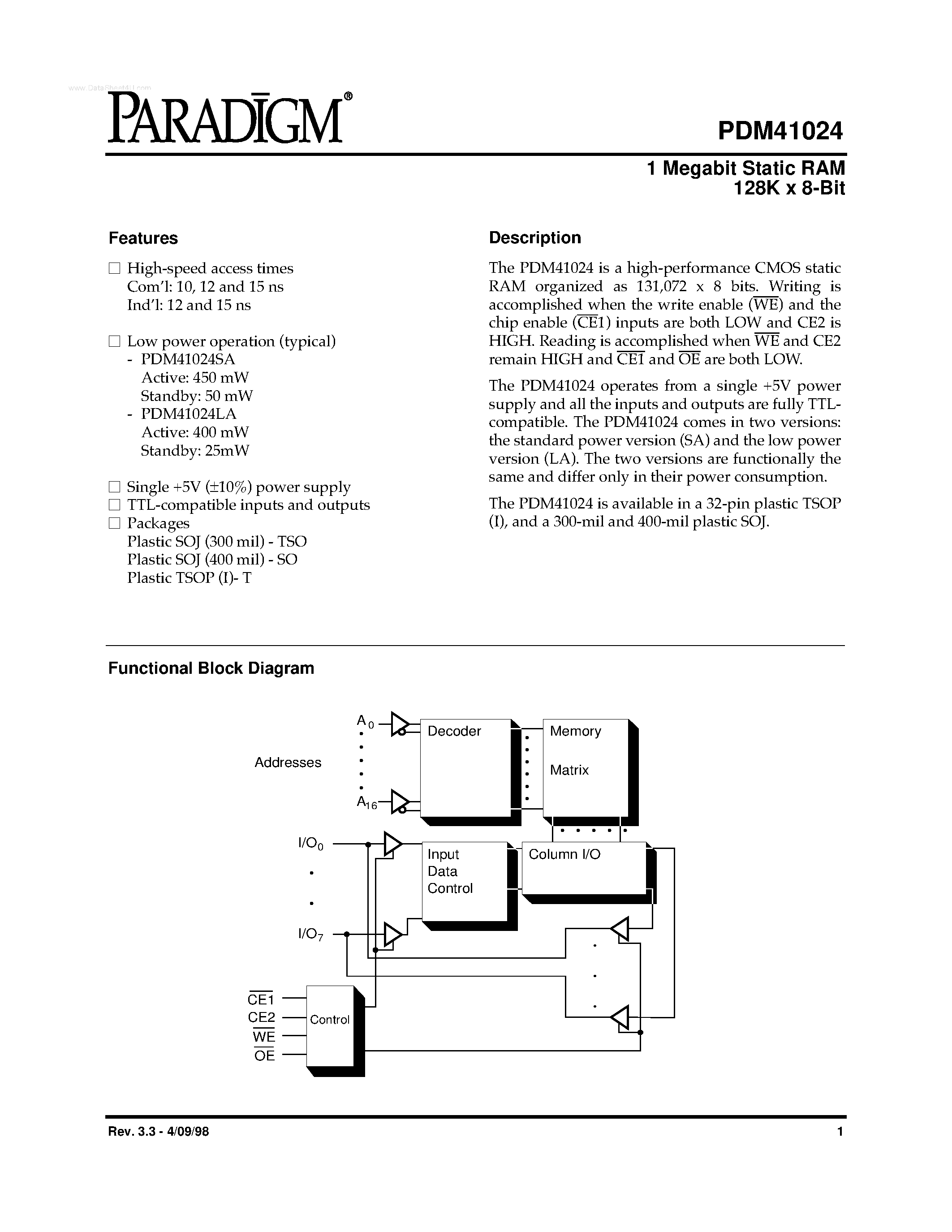 Datasheet PDM41024 - 1 Megabit Static RAM 128K x 8-Bit page 1