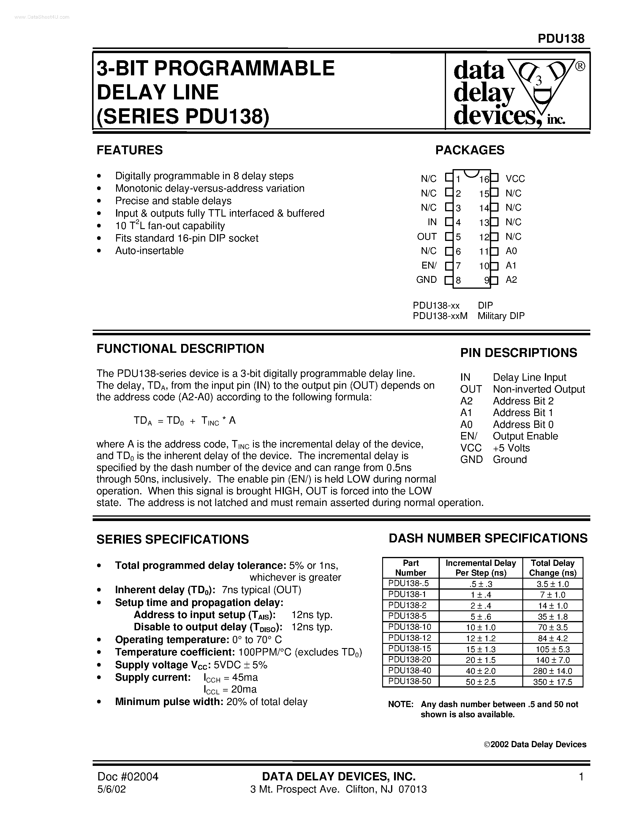 Datasheet PDU138 - 3-BIT PROGRAMMABLE DELAY LINE page 1