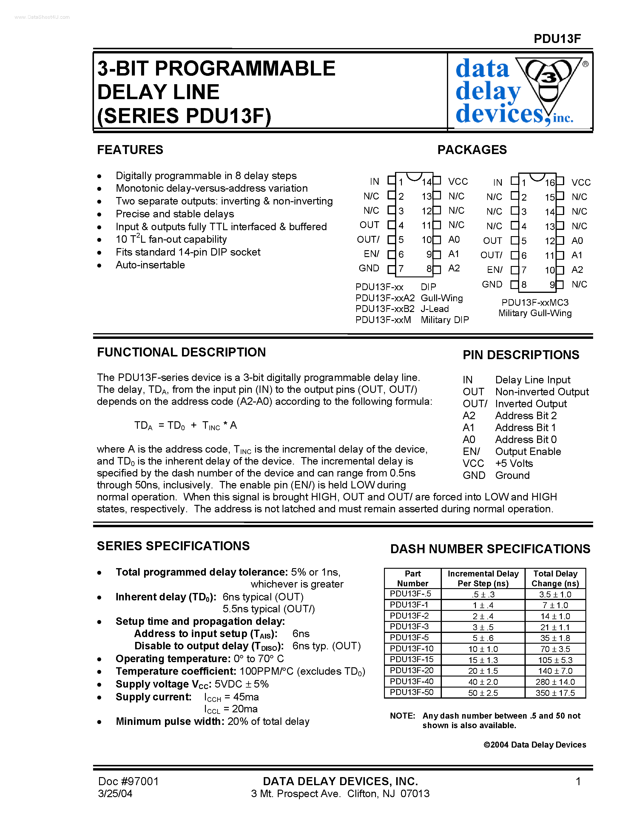 Datasheet PDU13F - 3-BIT PROGRAMMABLE DELAY LINE page 1