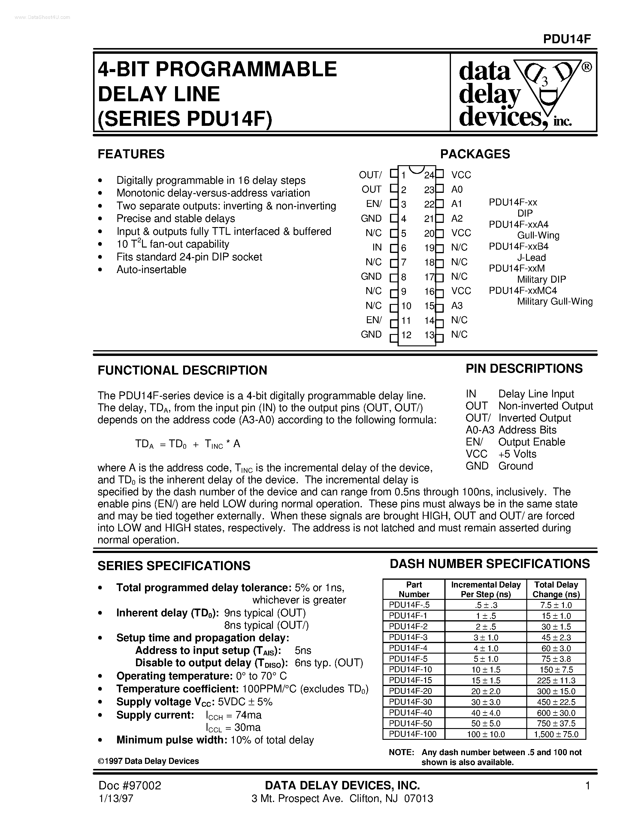 Datasheet PDU14F - 4-BIT PROGRAMMABLE DELAY LINE page 1