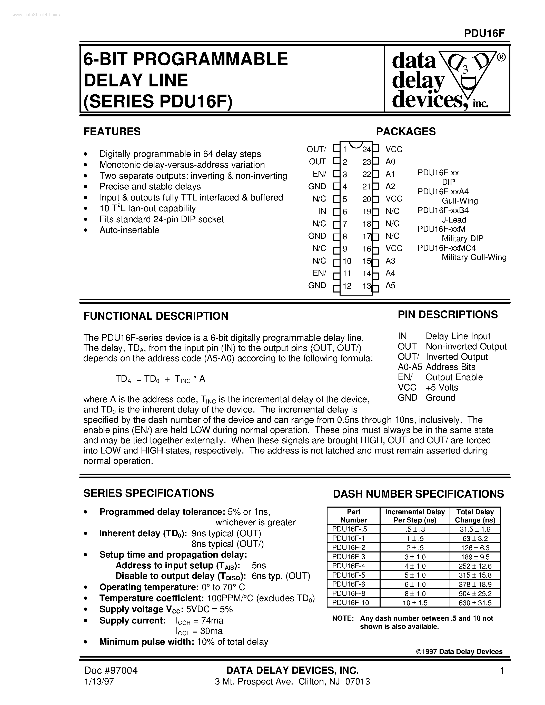 Datasheet PDU16F - 6-BIT PROGRAMMABLE DELAY LINE page 1