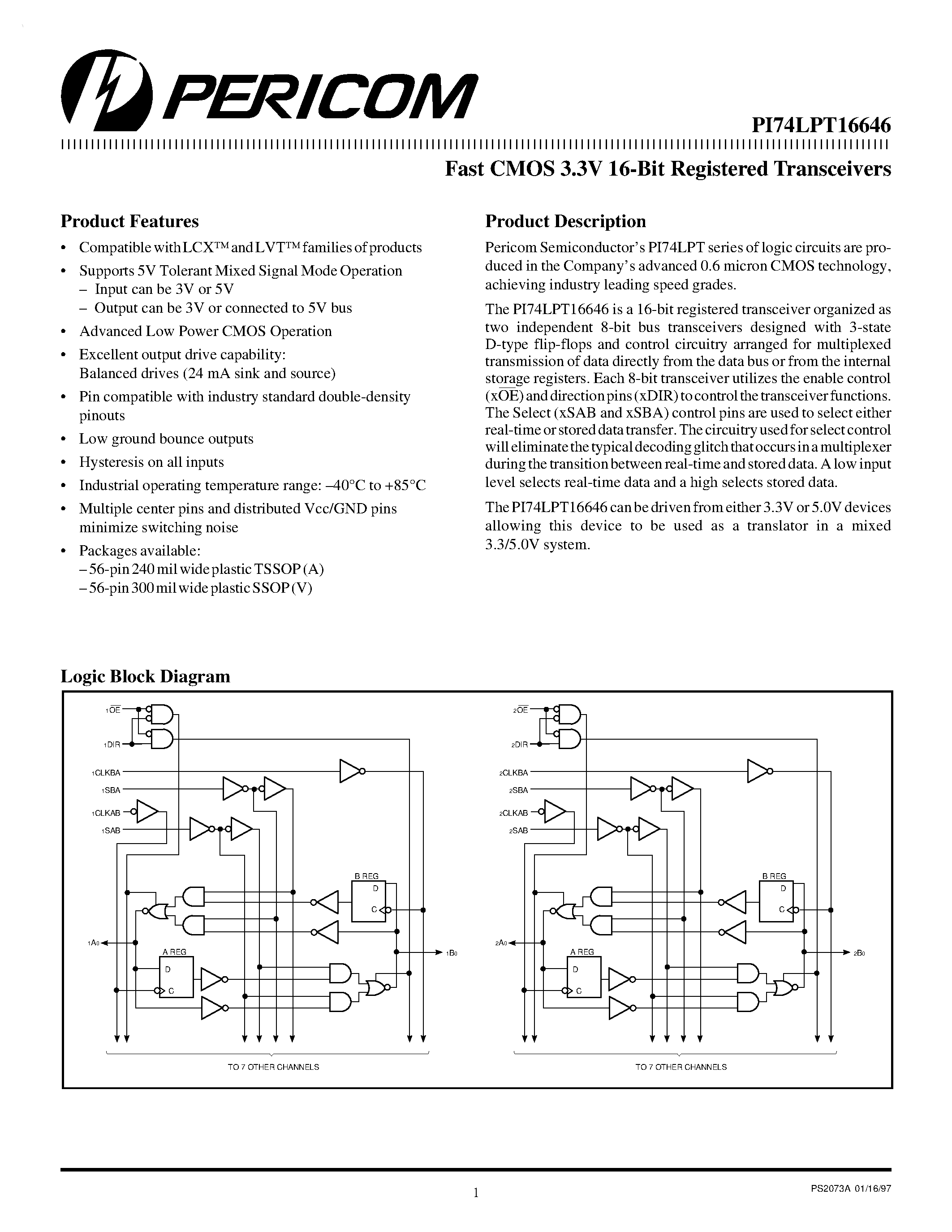 Datasheet PI74LPT16646 - Fast CMOS 3.3V 16-Bit Registered Transceivers page 1