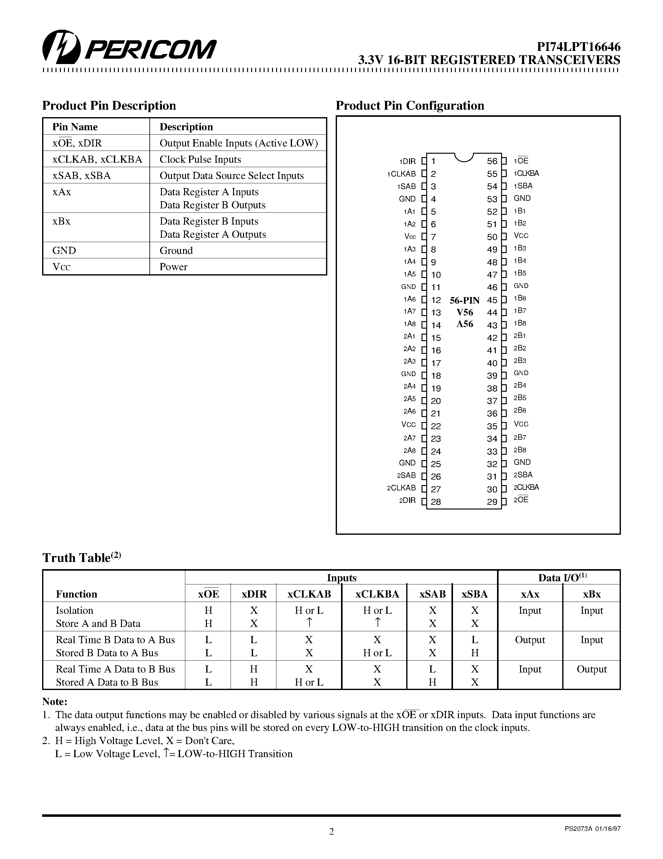 Datasheet PI74LPT16646 - Fast CMOS 3.3V 16-Bit Registered Transceivers page 2