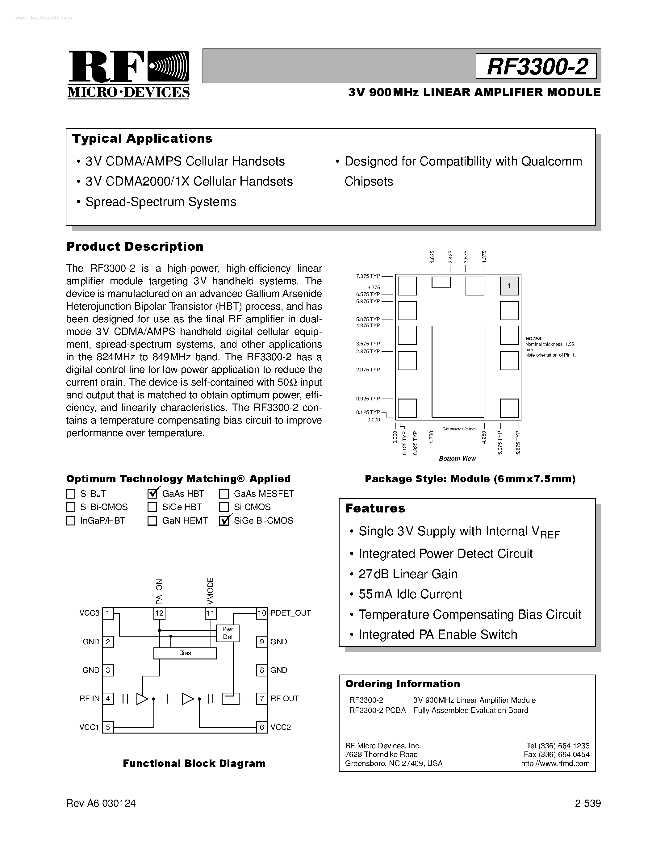 Datasheet RF3300-2 - LINEAR AMPLIFIER MODULE page 1