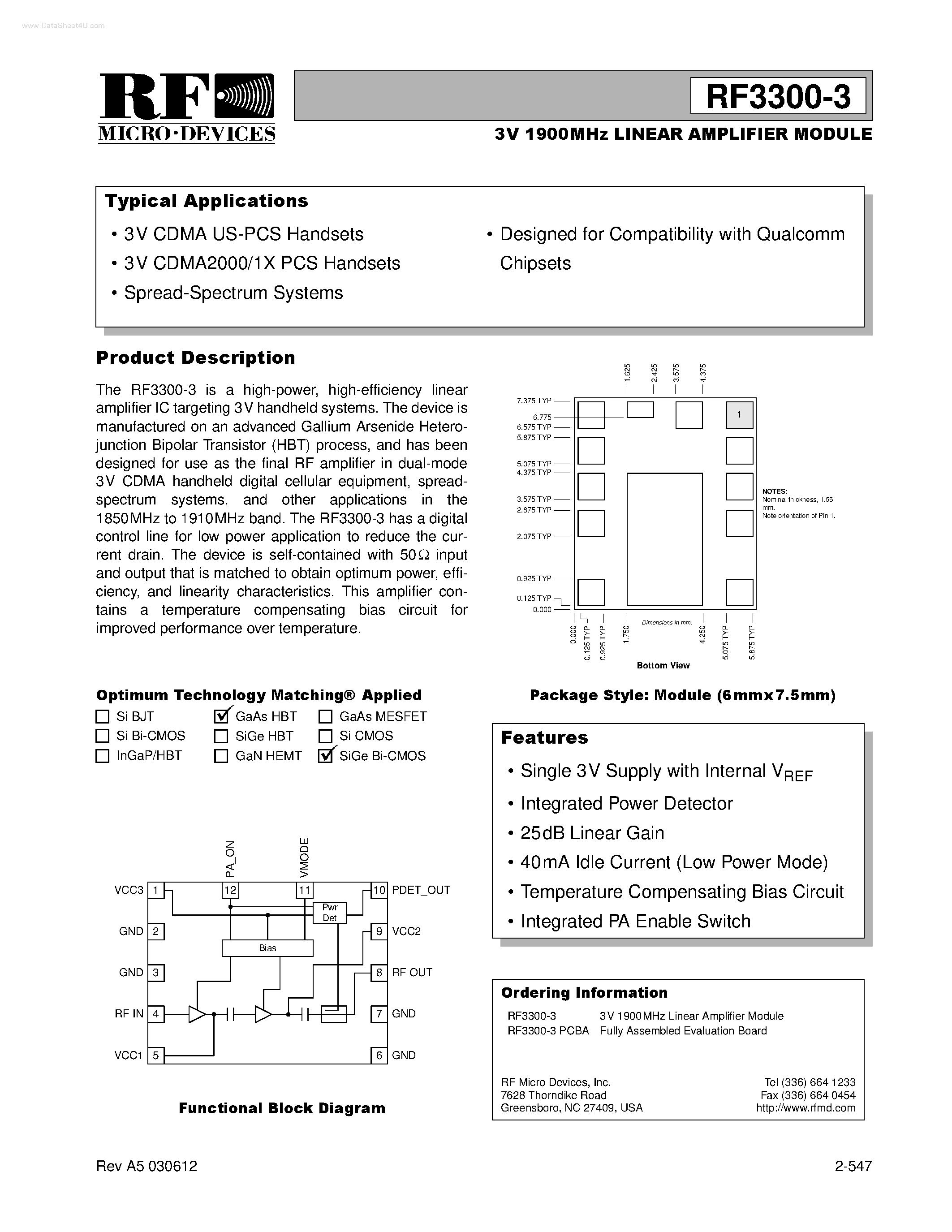 Datasheet RF3300-3 page 1 Datasheet RF3300-3 - LINEAR AMPLIFIER MODULE page 1