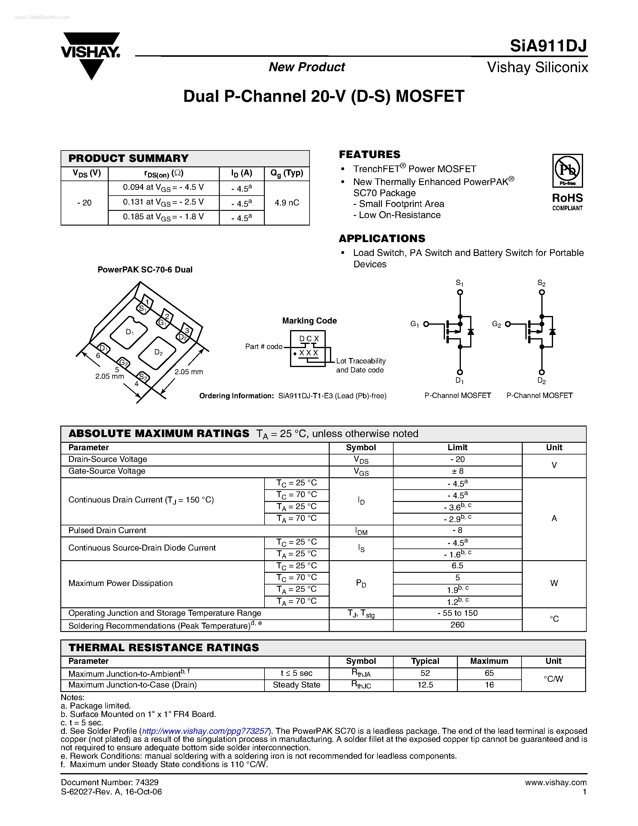 Datasheet SIA911DJ - Dual P-Channel MOSFET page 1
