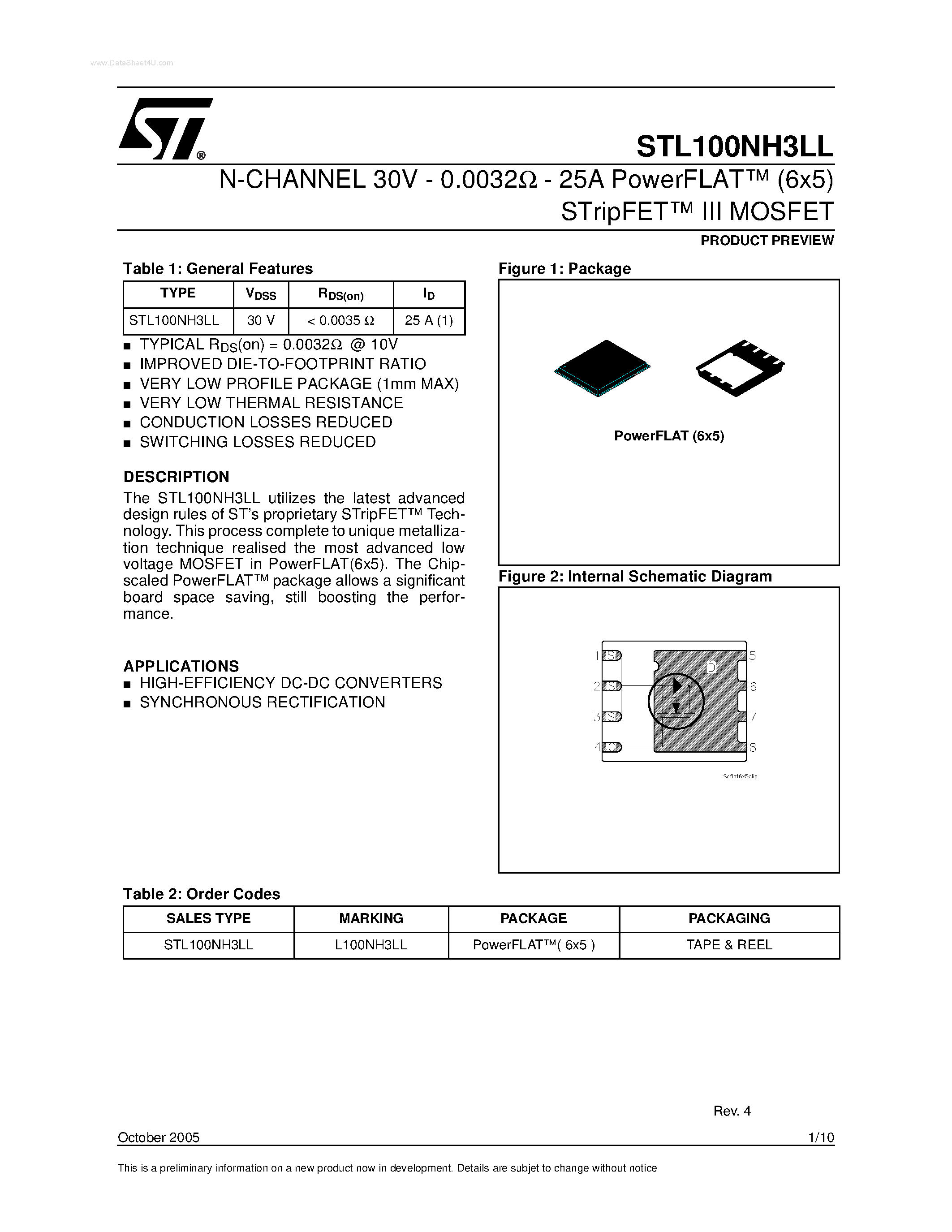 Datasheet STL100NH3LL - N-CHANNEL MOSFET page 1