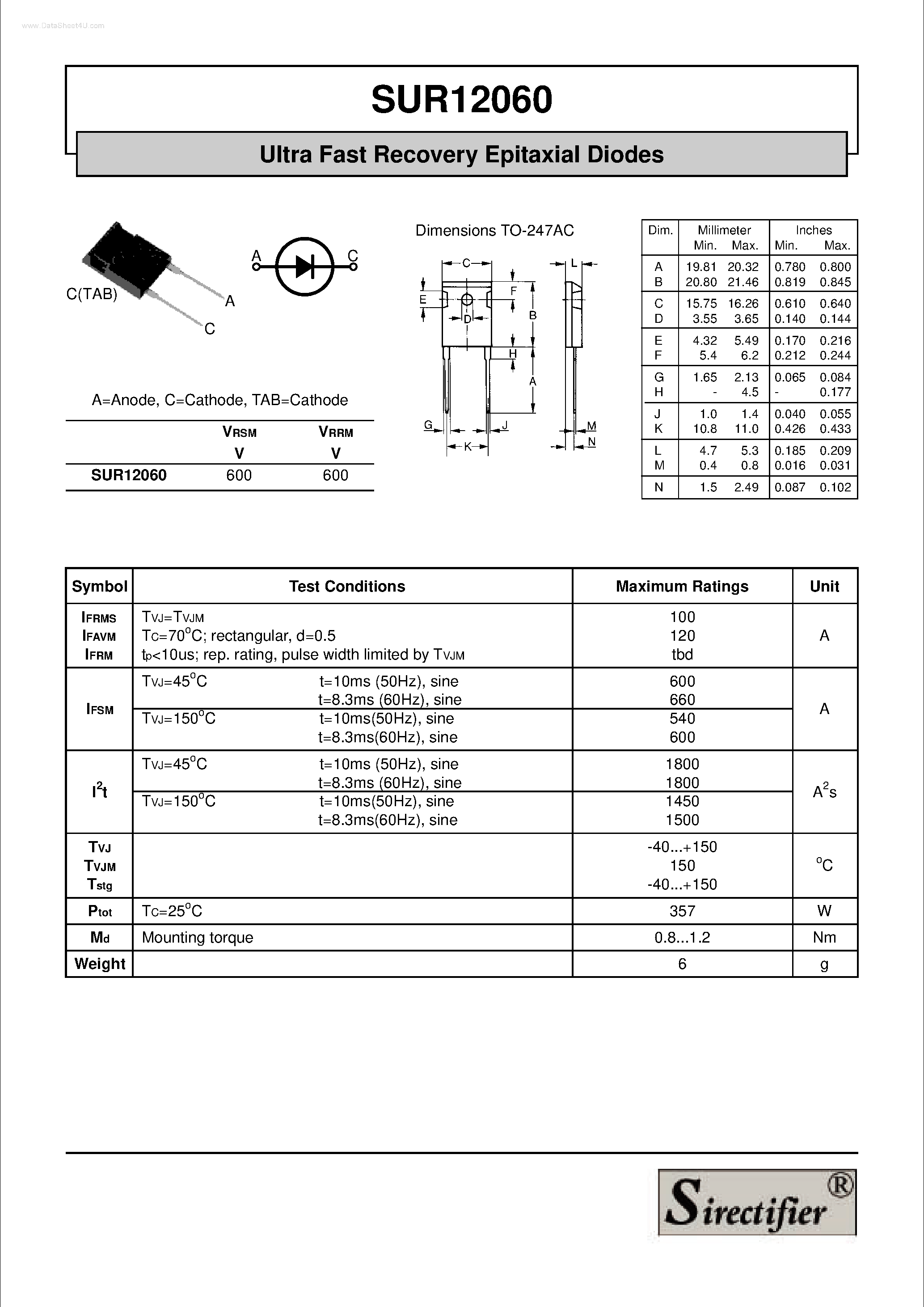 Даташит на микросхему SUR12060 страница 1 Даташит SUR12060 - Ultra Fast Recovery Epitaxial Diodes страница 1