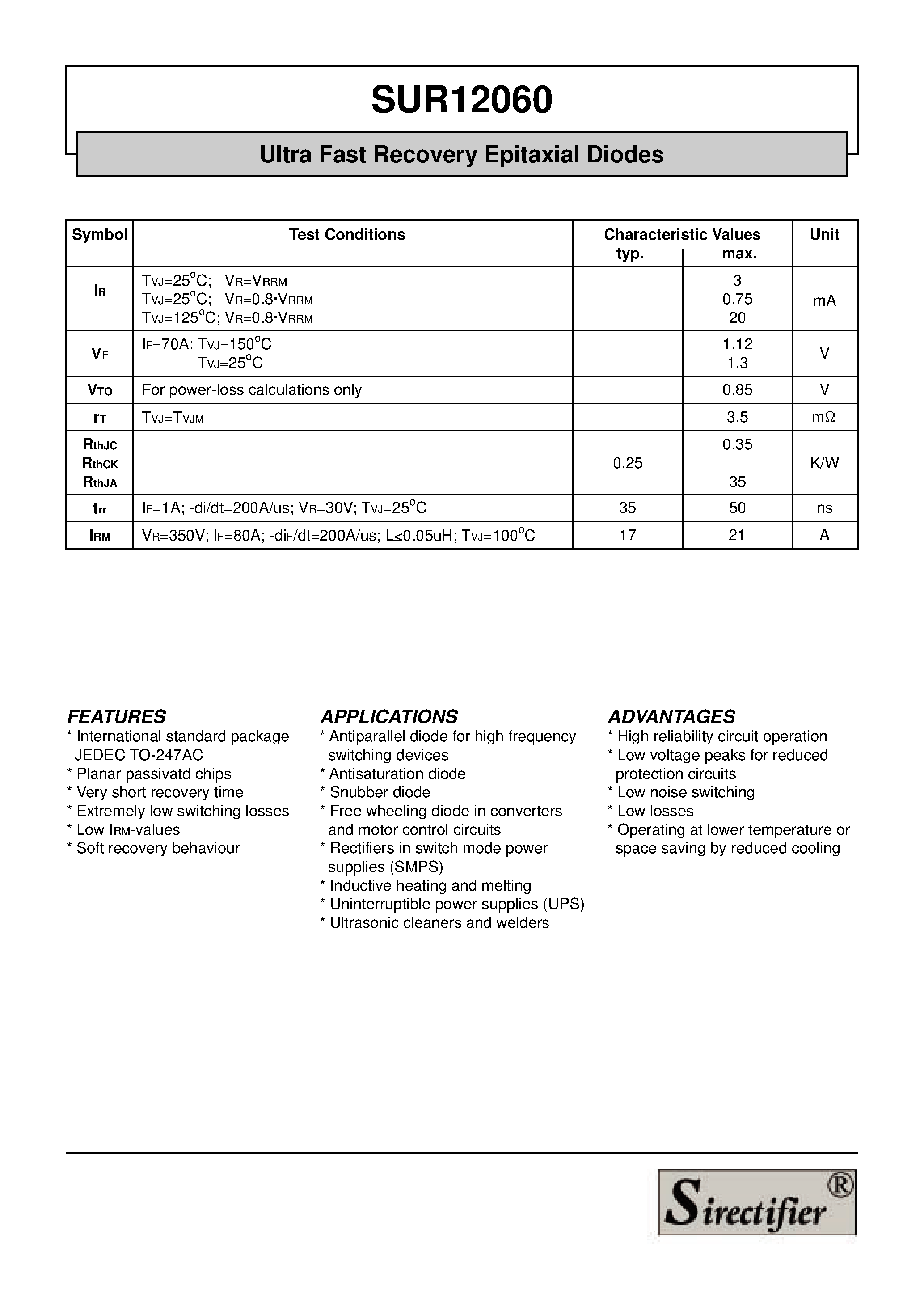 Даташит на микросхему SUR12060 страница 2 Даташит SUR12060 - Ultra Fast Recovery Epitaxial Diodes страница 2