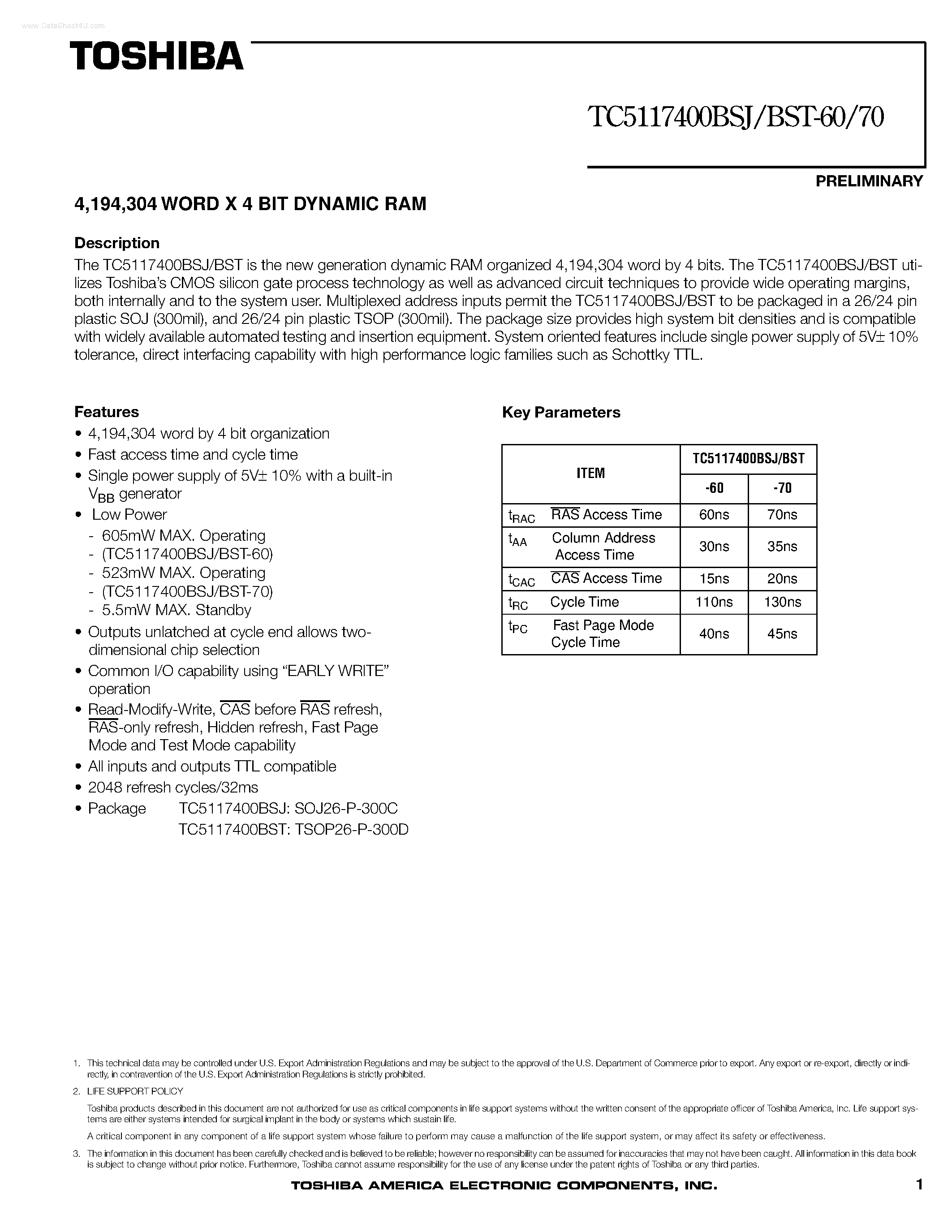 Даташит TC5117400BSJ - DYNAMIC RAM страница 1