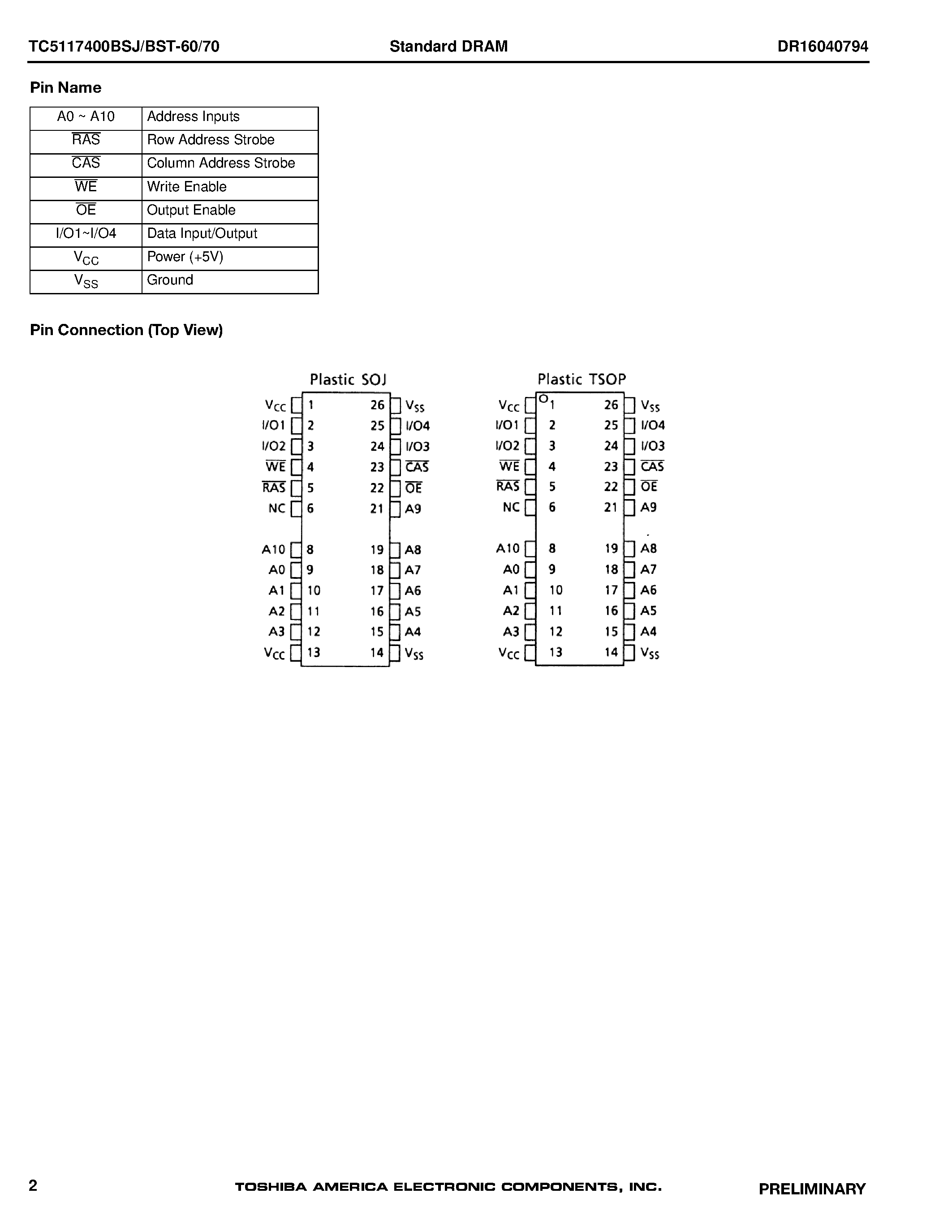 Даташит TC5117400BSJ - DYNAMIC RAM страница 2