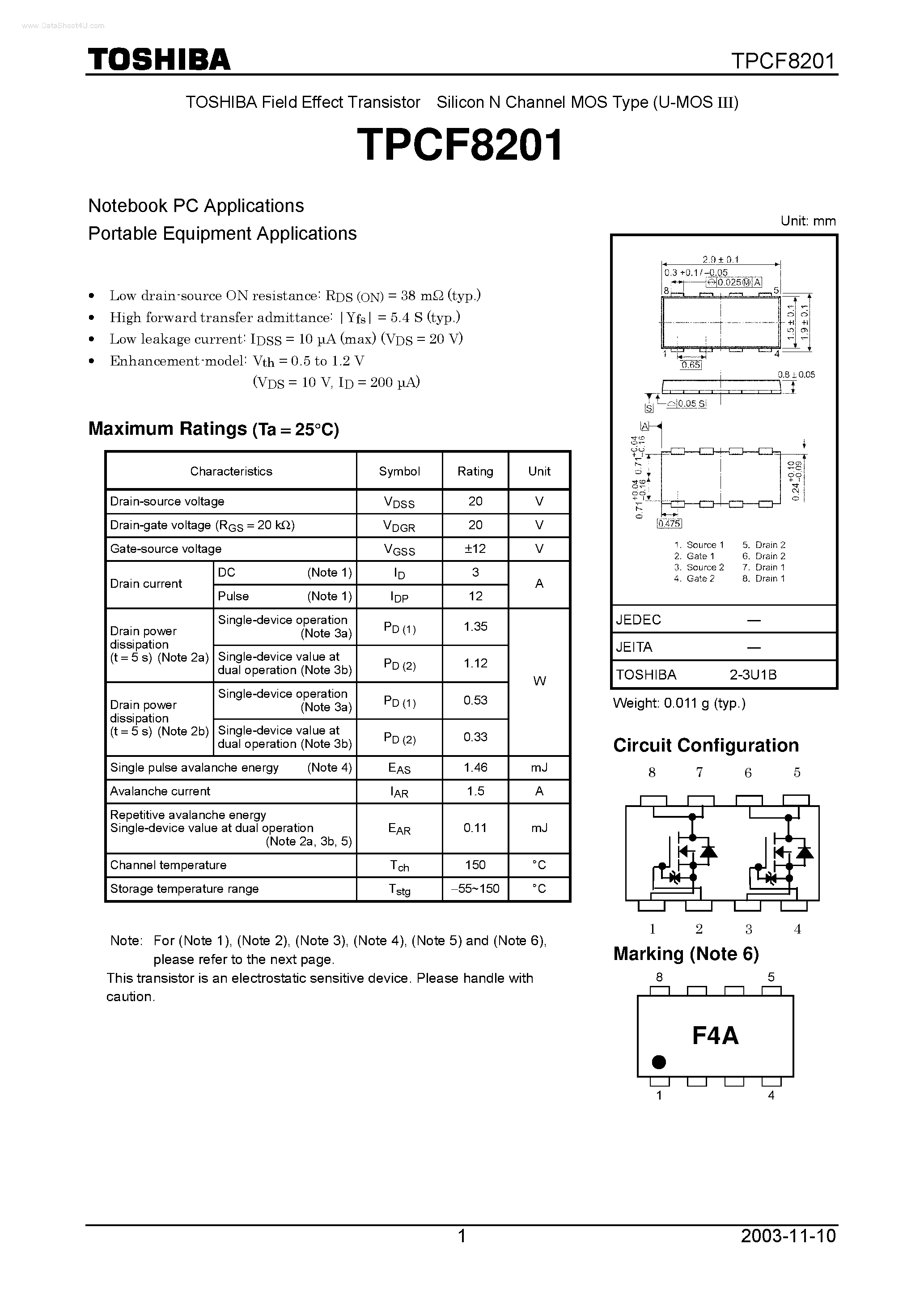 Datasheet TPCF8201 page 1 Datasheet TPCF8201 - Field Effect Transistor Silicon N-Channel MOS Type page 1