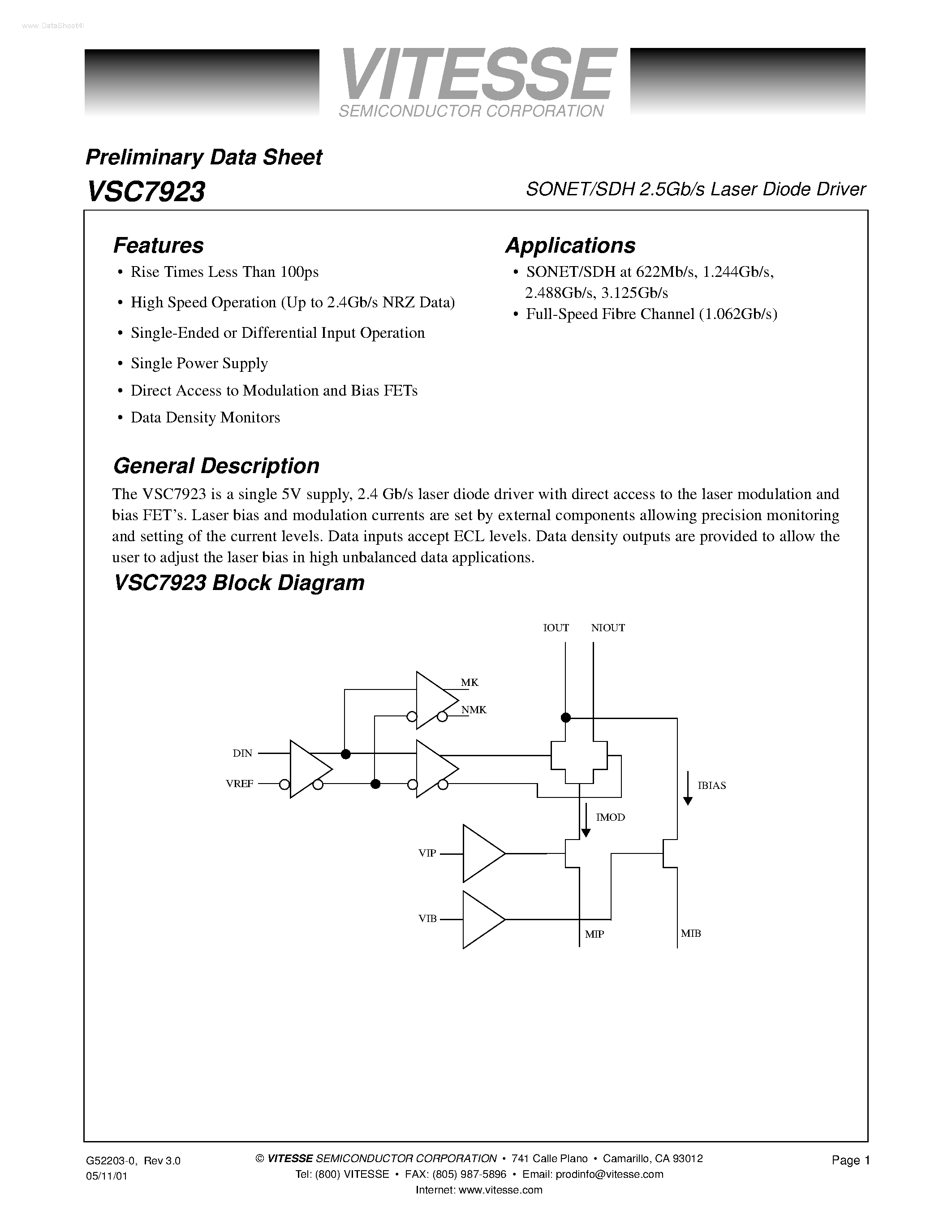 Datasheet VSC7923 - SONET/SDH 2.5Gb/s Laser Diode Driver page 1