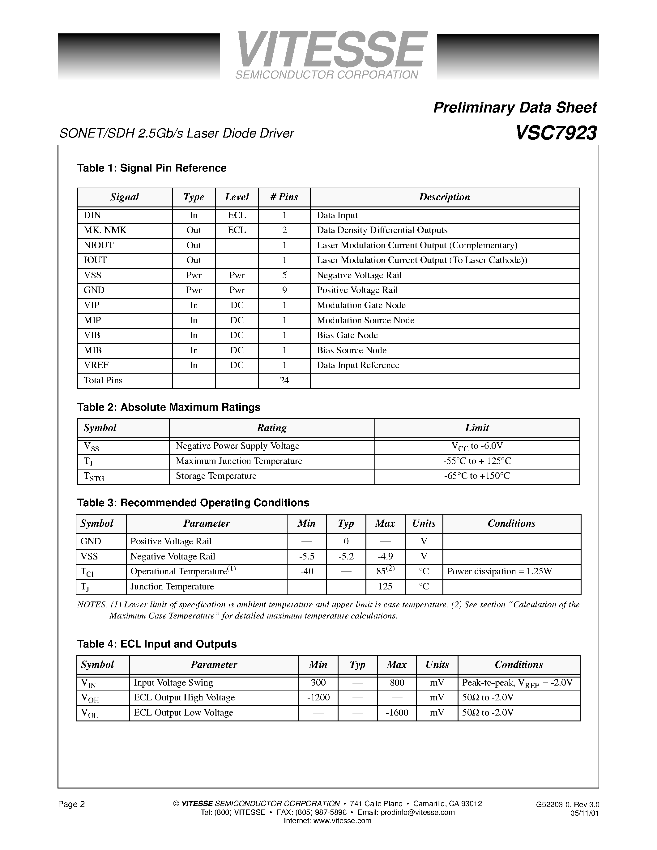 Datasheet VSC7923 - SONET/SDH 2.5Gb/s Laser Diode Driver page 2