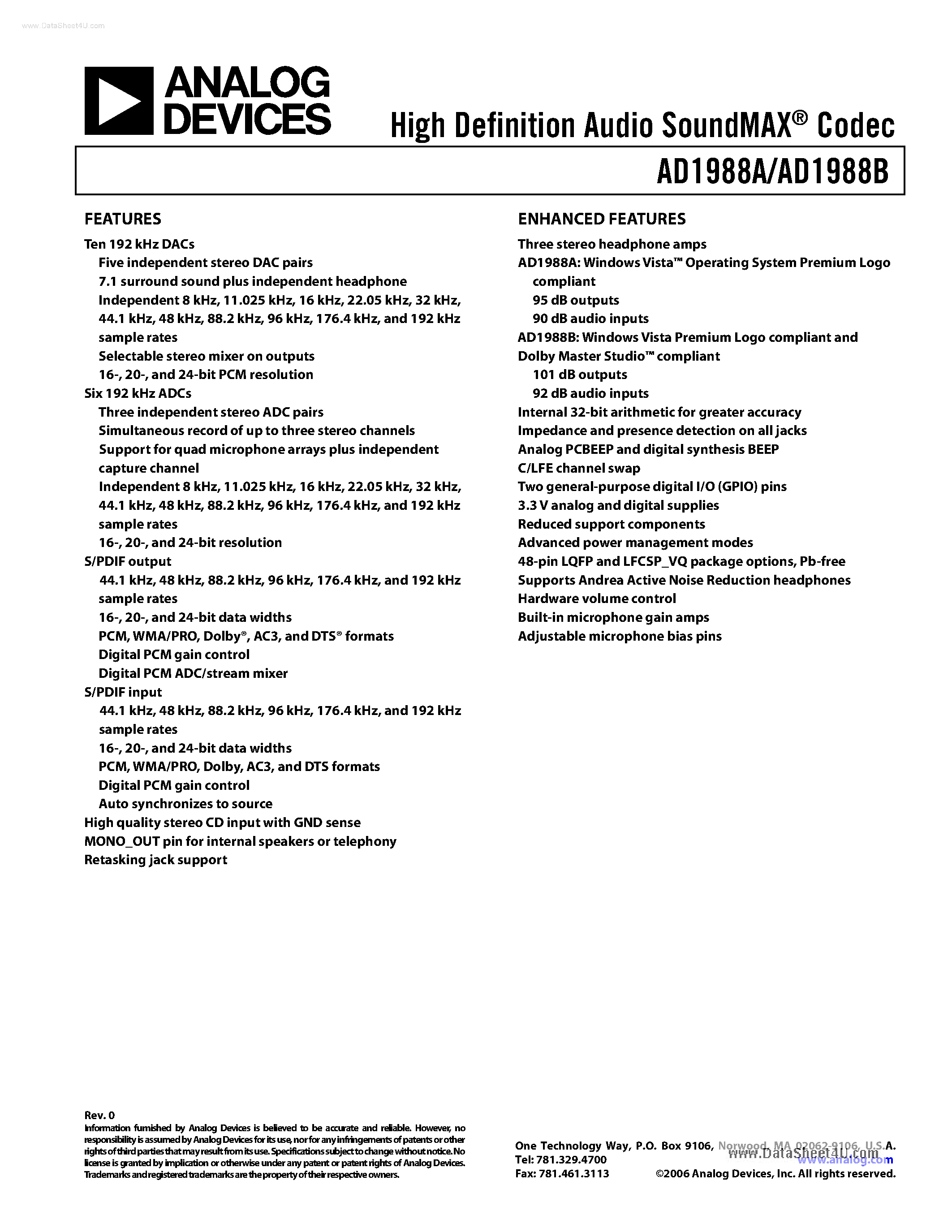 Datasheet AD1988A page 1 Datasheet AD1988A - High Definition Audio page 1