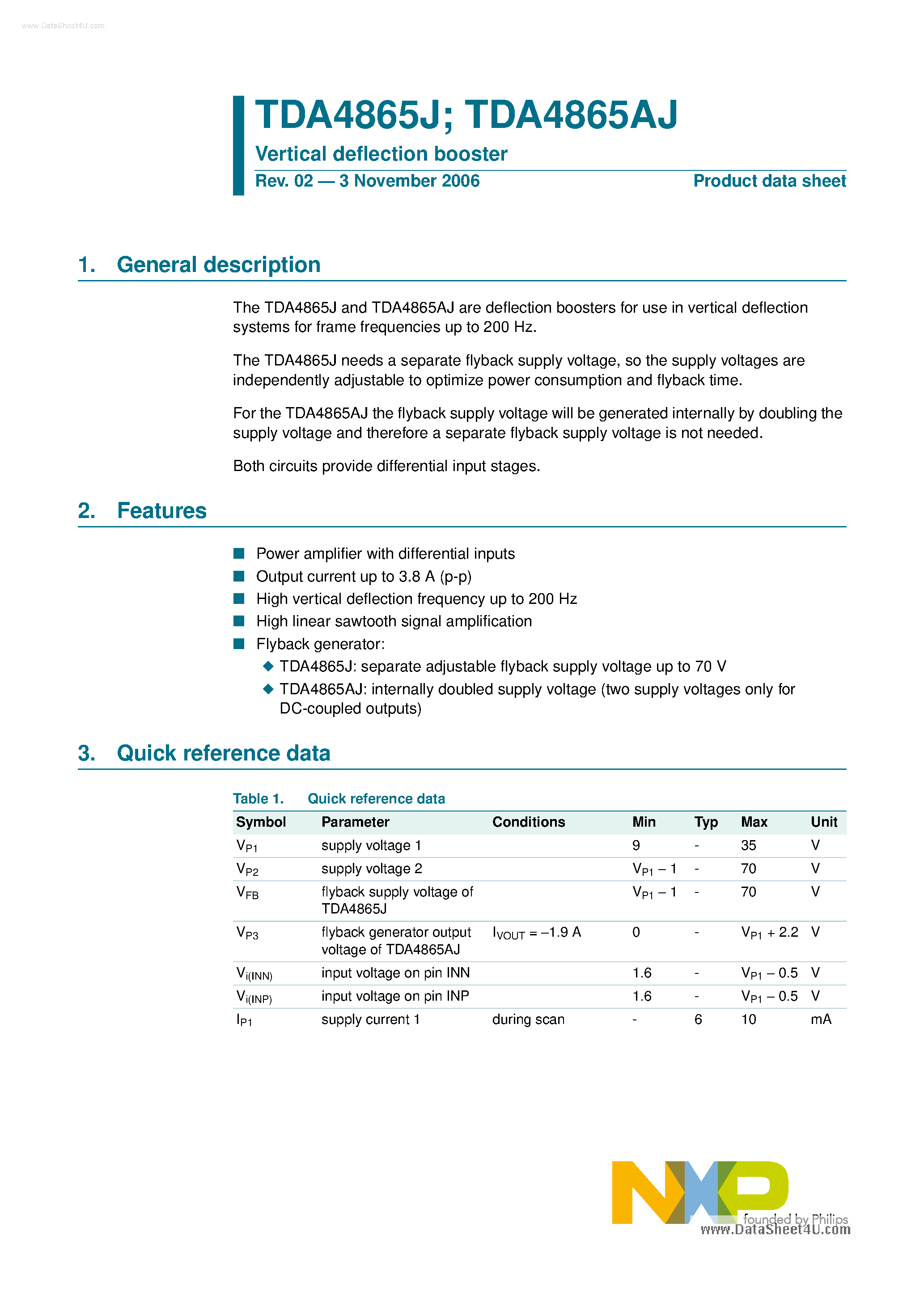 Даташит на микросхему TDA4865AJ страница 1 Даташит TDA4865AJ - Vertical Deflection Booster страница 1