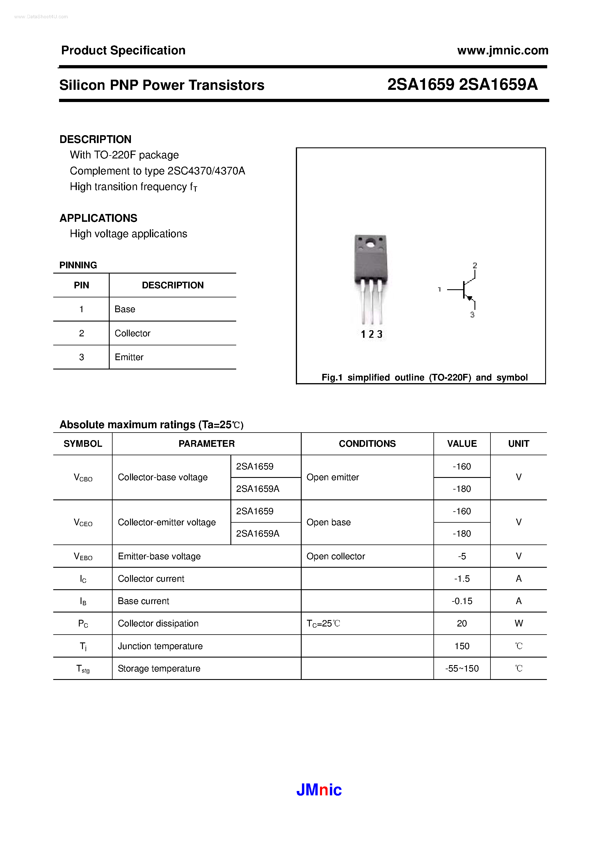 Datasheet 2SA1659 - Silicon PNP Power Transistors page 1