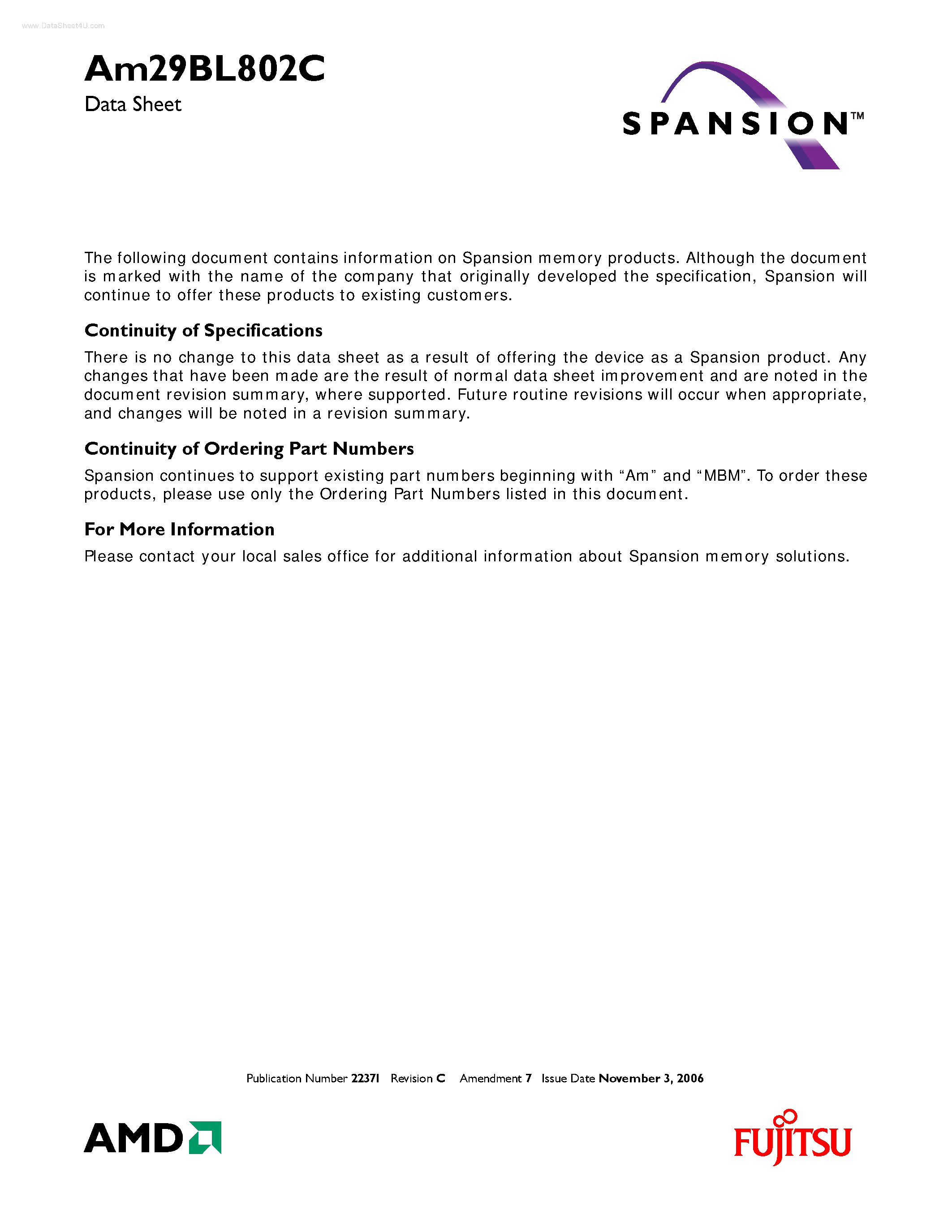 Datasheet AM29BL802C - Burst Mode Flash Memory page 1