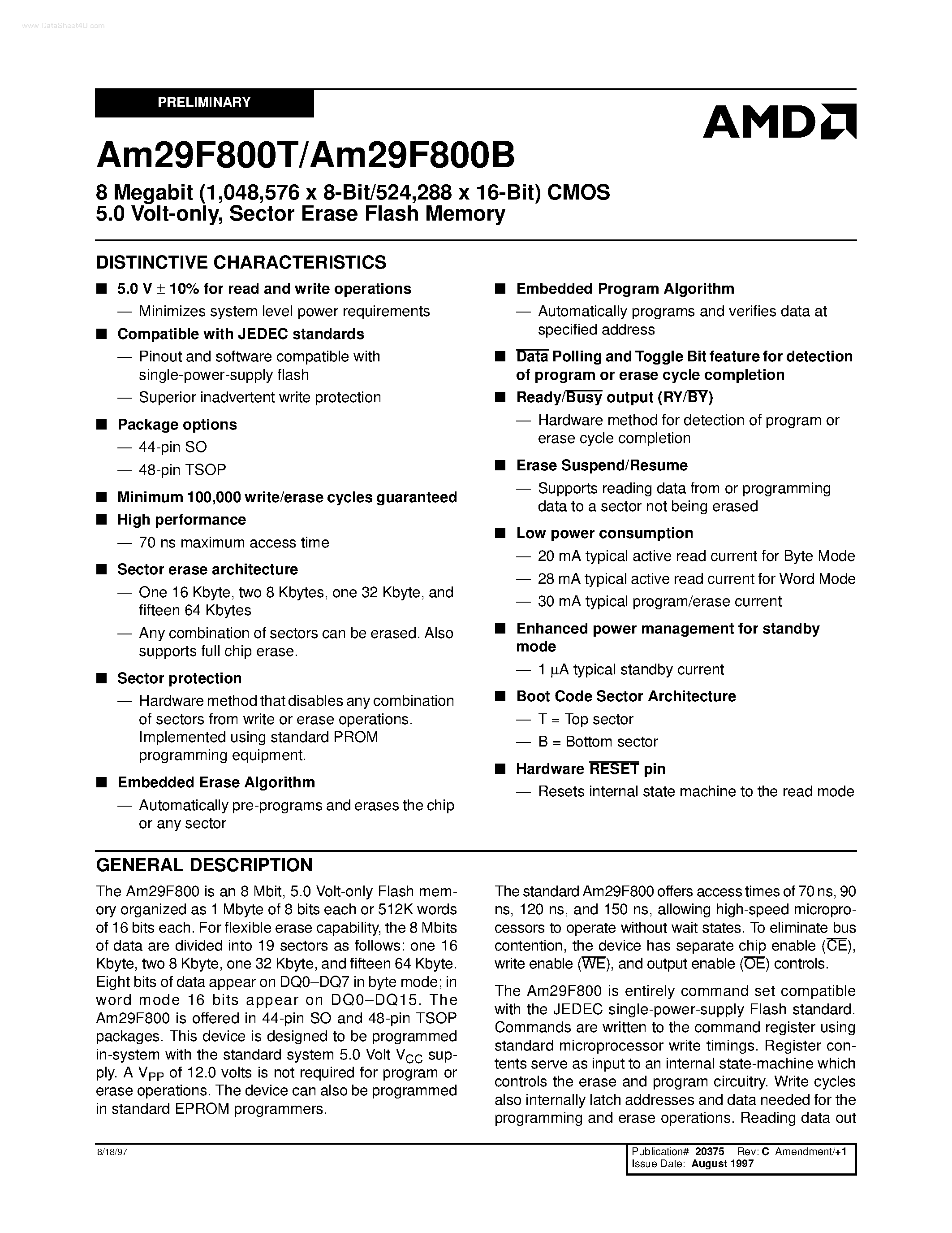 Datasheet AM29F800T - Sector Erase Flash Memory page 1