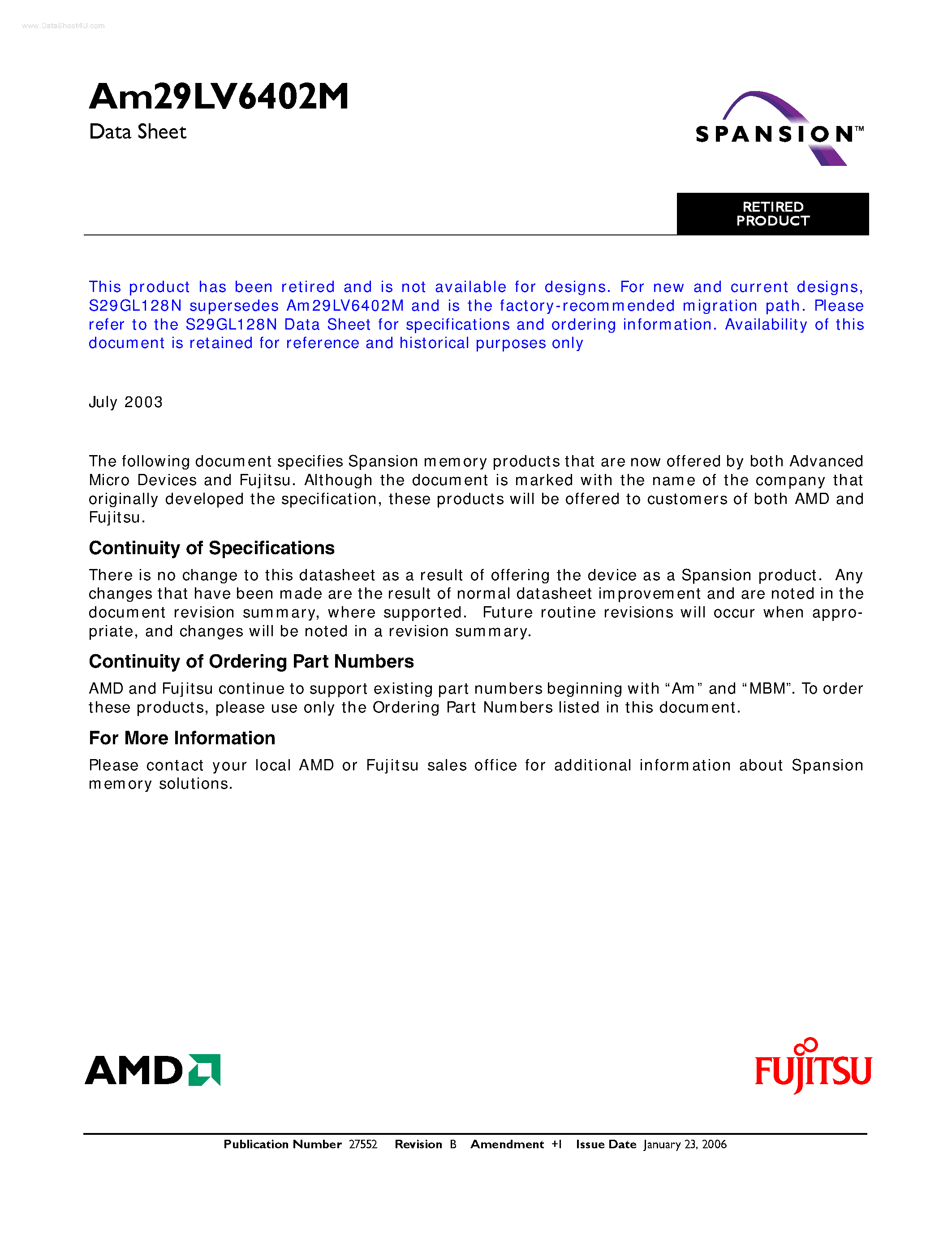 Datasheet AM29LV6402M page 1 Datasheet AM29LV6402M - Uniform Sector Flash Memory page 1