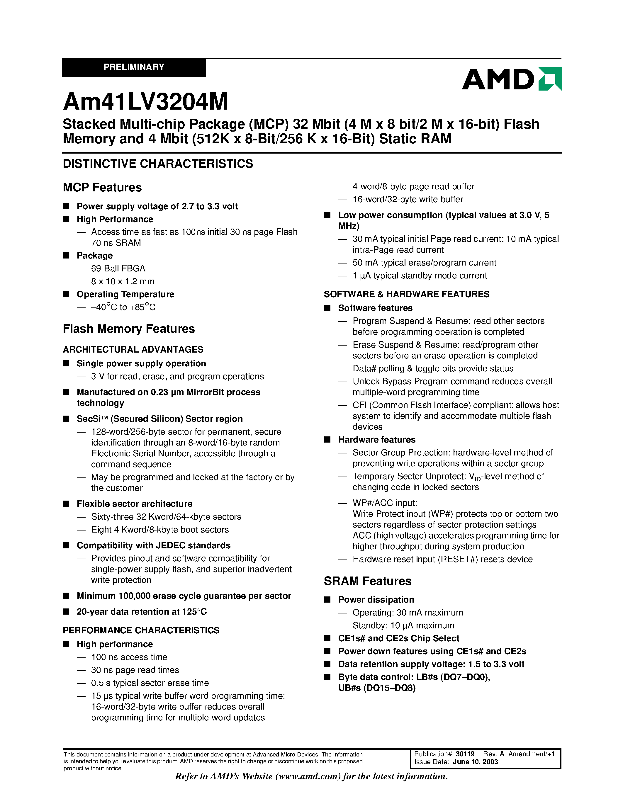 Datasheet AM41LV3204M page 2 Datasheet AM41LV3204M - Static RAM page 2