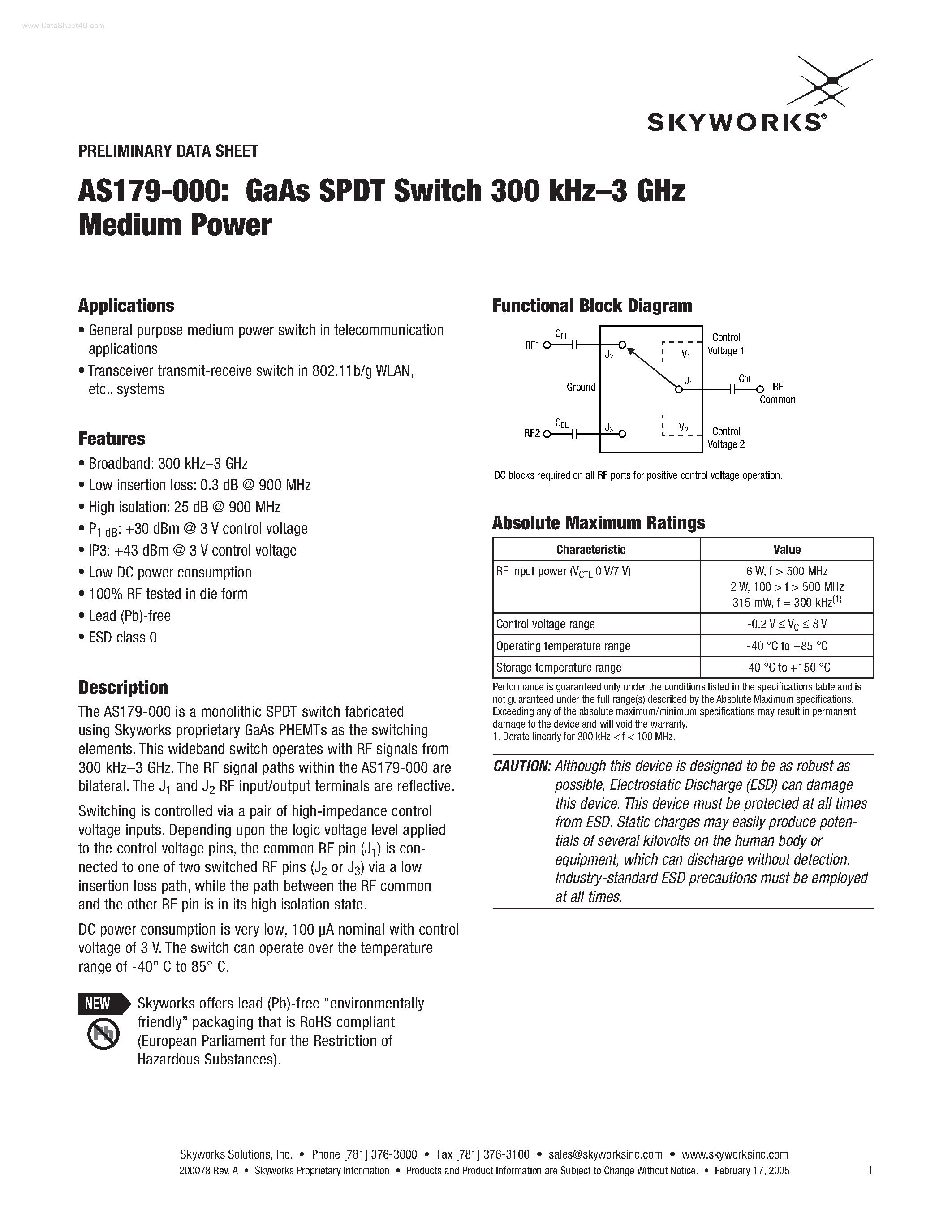 Даташит на микросхему AS179-000 страница 1 Даташит AS179-000 - GaAs SPDT Switch страница 1