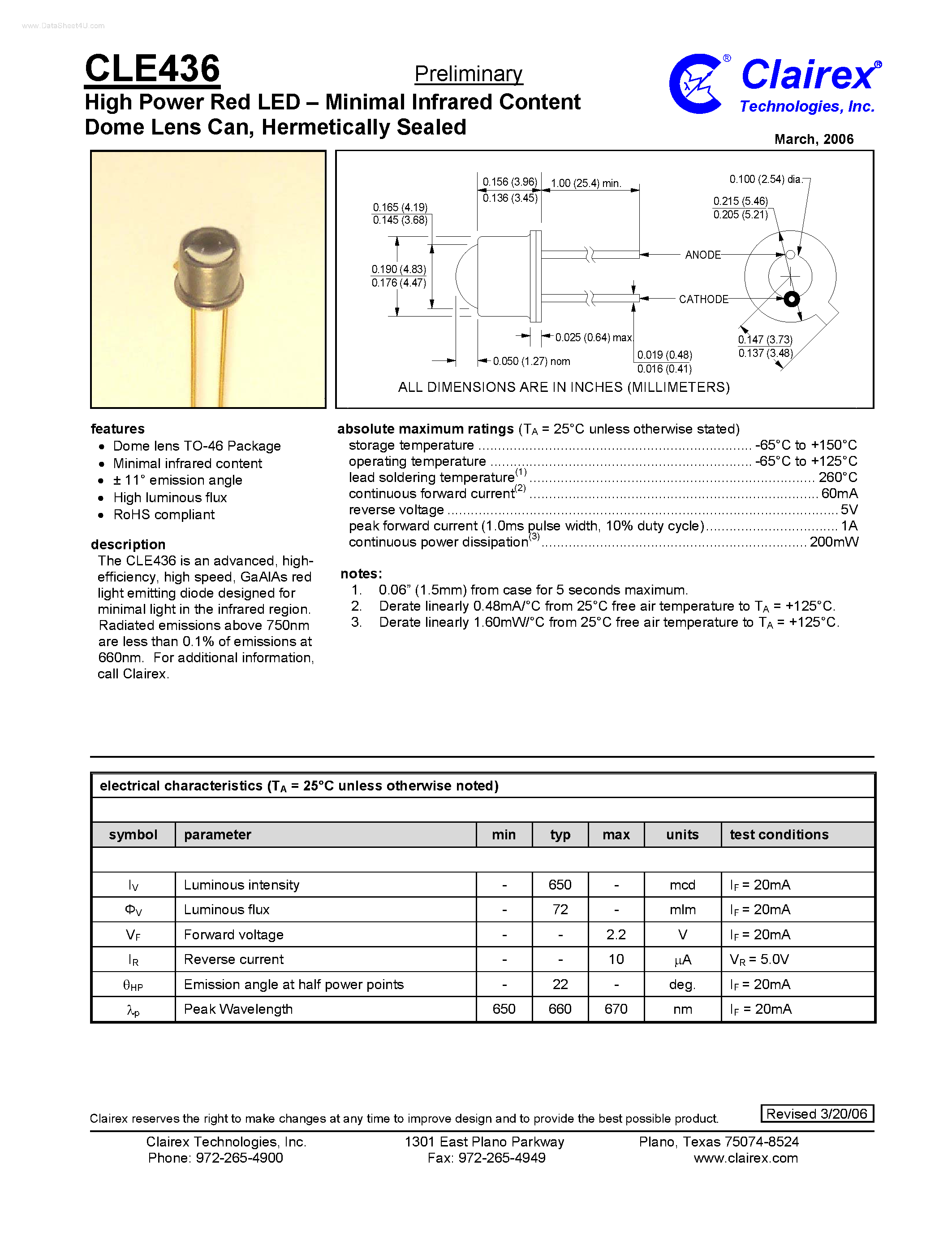 Даташит CLE436 - Minimal Infrared Content D ome Lens Can страница 1