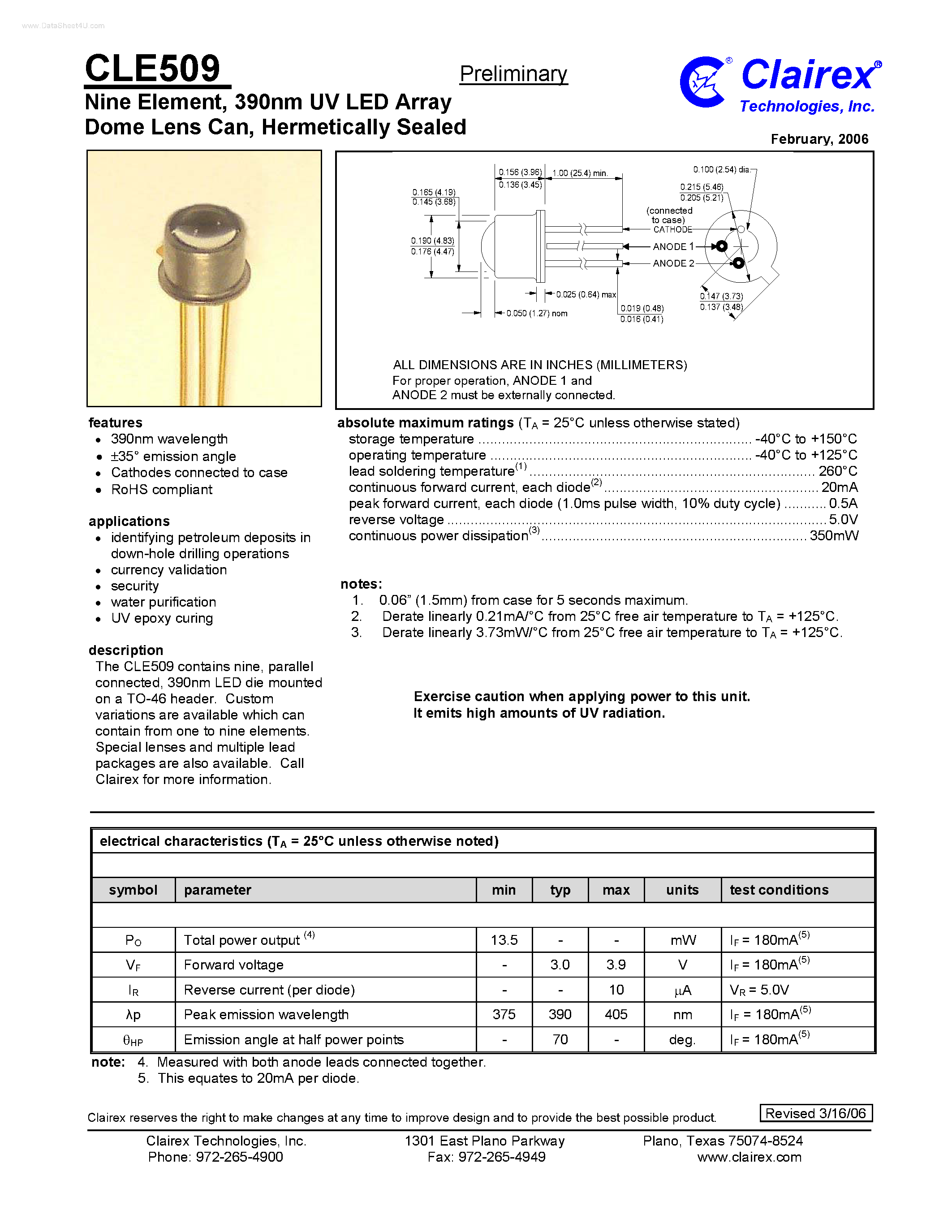Даташит на микросхему CLE509 страница 1 Даташит CLE509 - 390nm UV LED Array Dome Lens C страница 1
