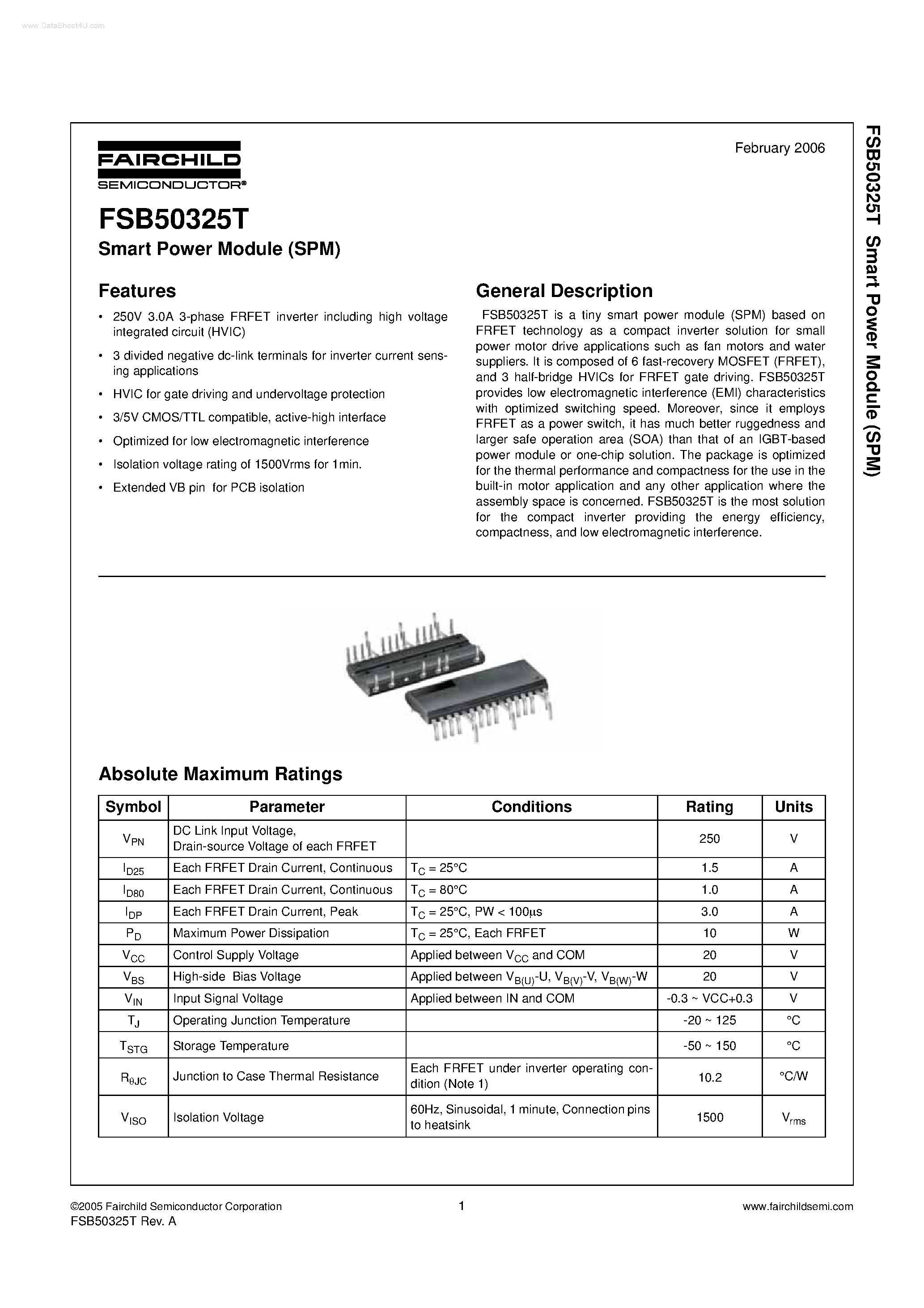Даташит FSB50325T-Smart Power Module страница 1