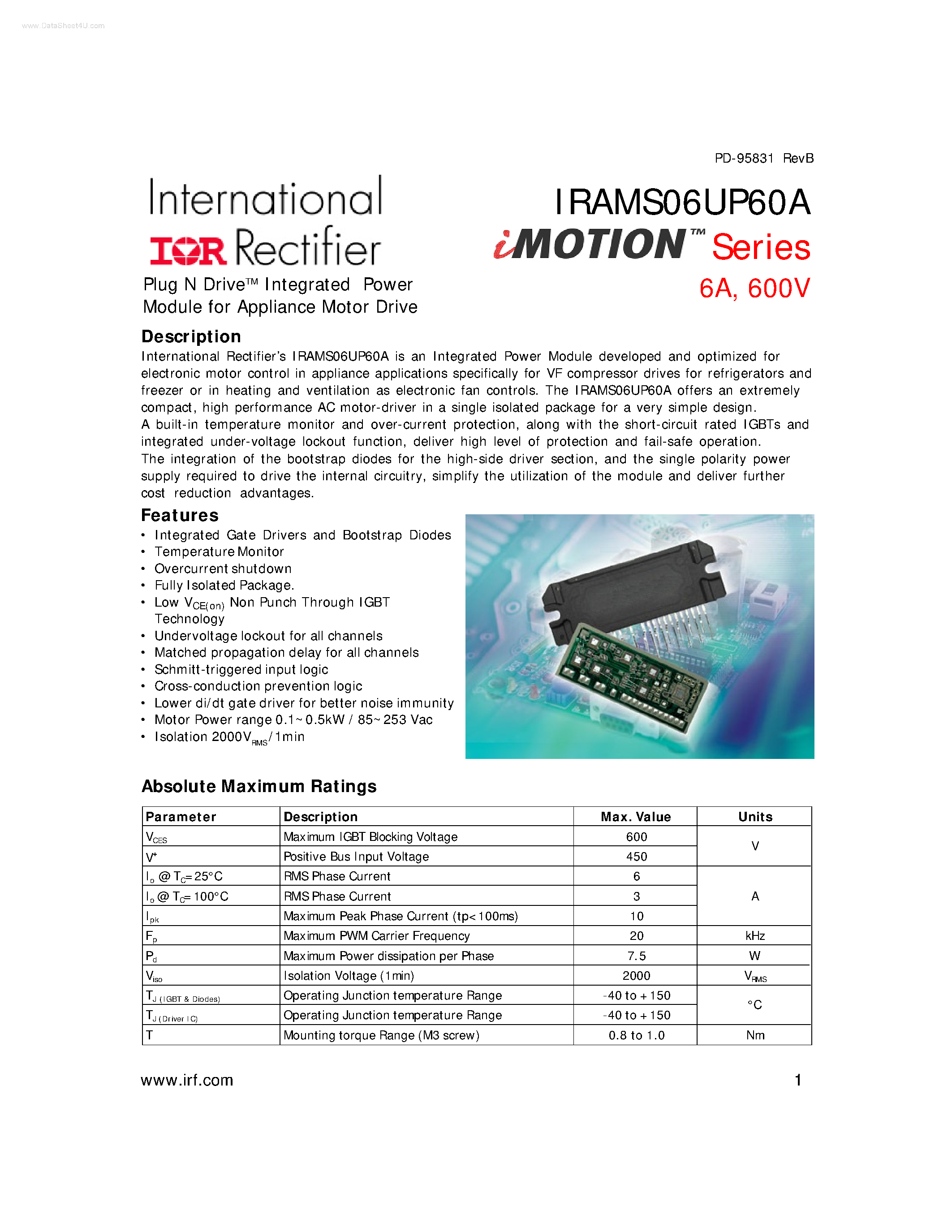 Datasheet IRAMS06UP60A - Plug N DriveTM Integrated Power Module page 1