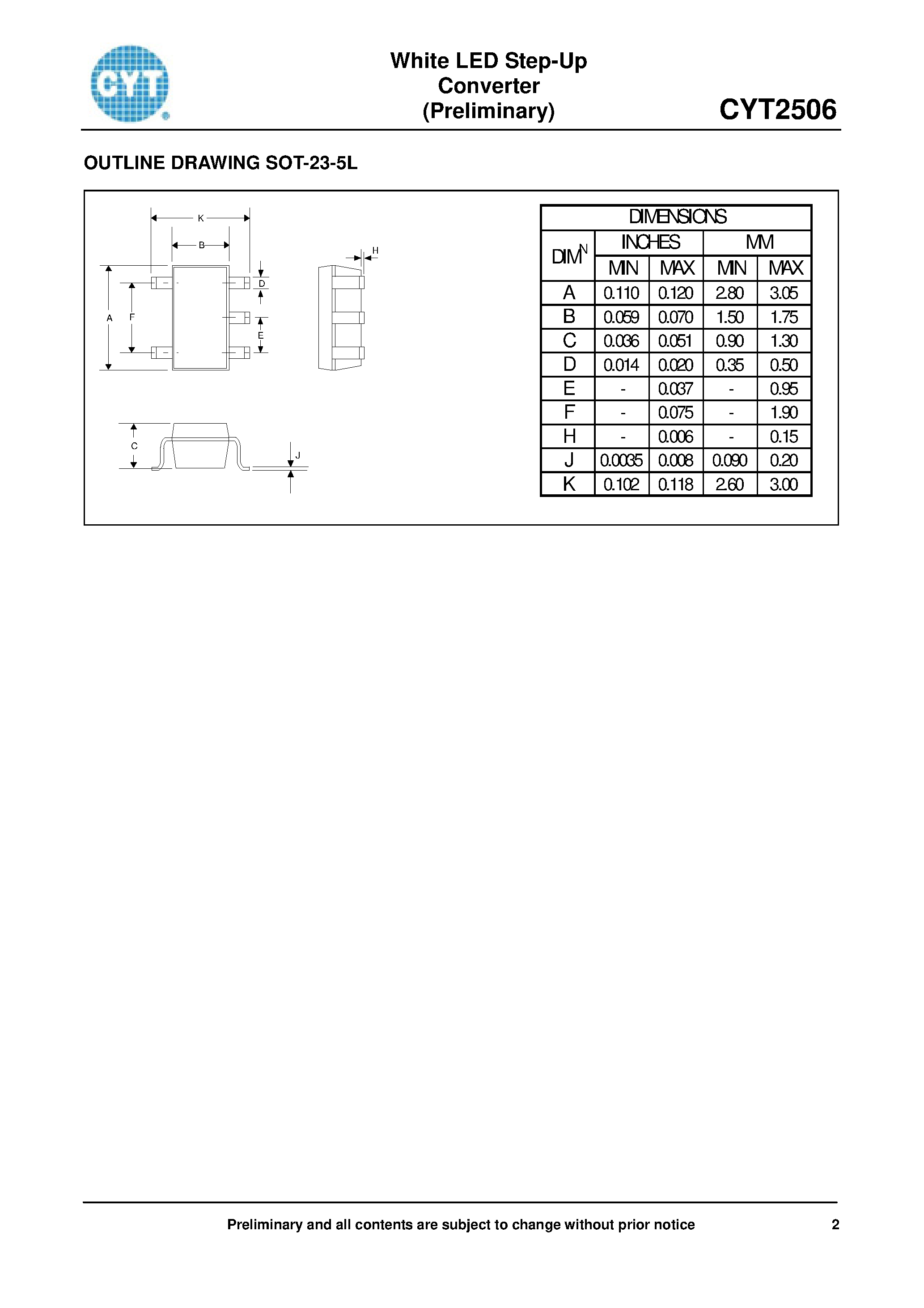 Даташит CYT2506 - White LED Step-Up Converter страница 2